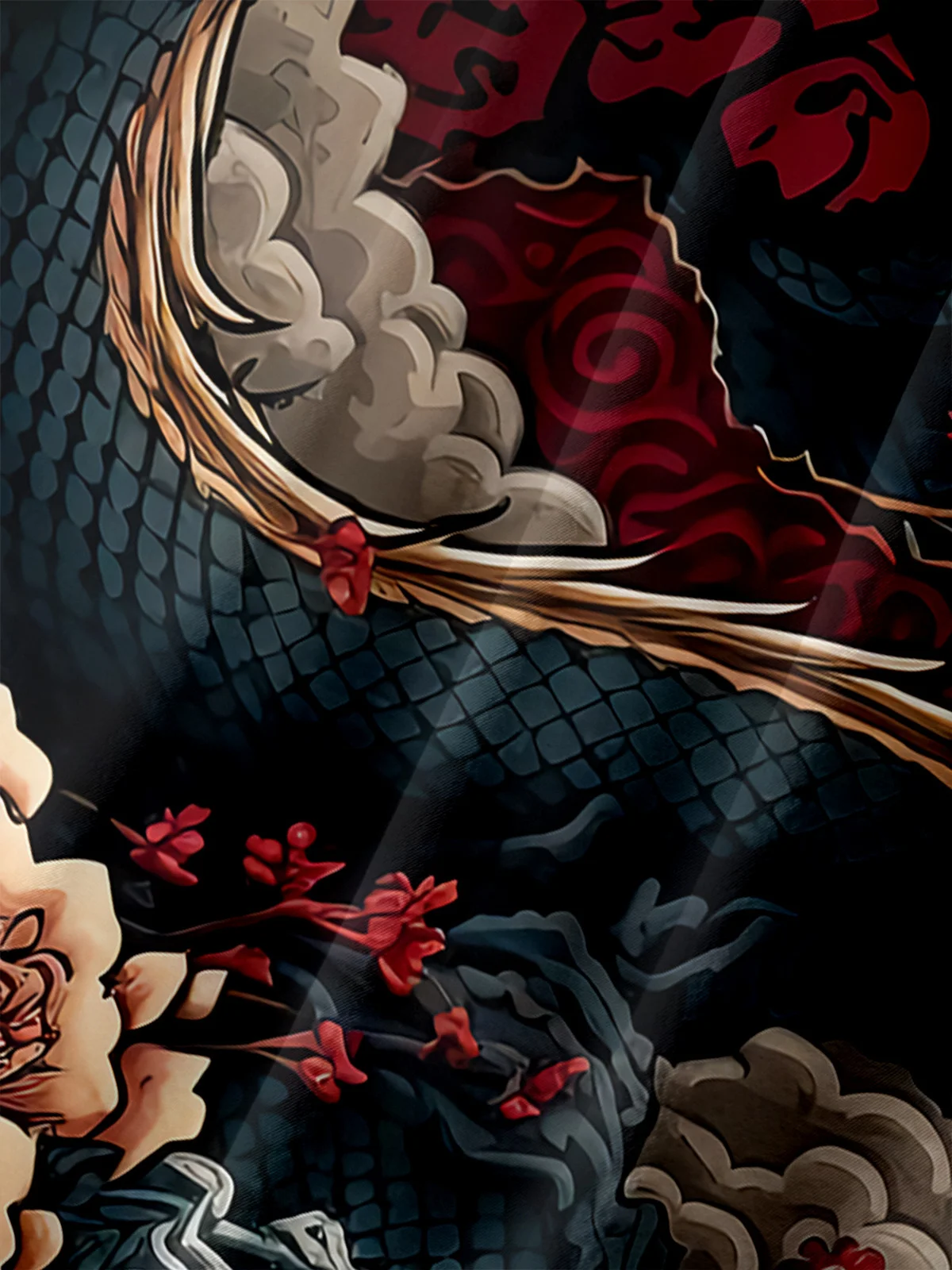 Men's Casual Japanese Ukiyo-e Dragon Illustration Print Lapel Pocket Short Sleeve Shirt