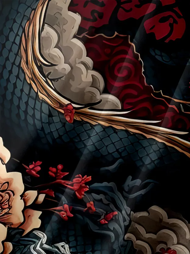 Men's Casual Japanese Ukiyo-e Dragon Illustration Print Lapel Pocket Short Sleeve Shirt