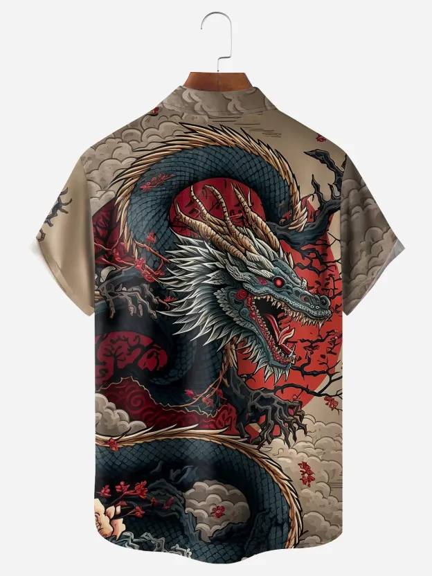 Men's Casual Japanese Ukiyo-e Dragon Illustration Print Lapel Pocket Short Sleeve Shirt