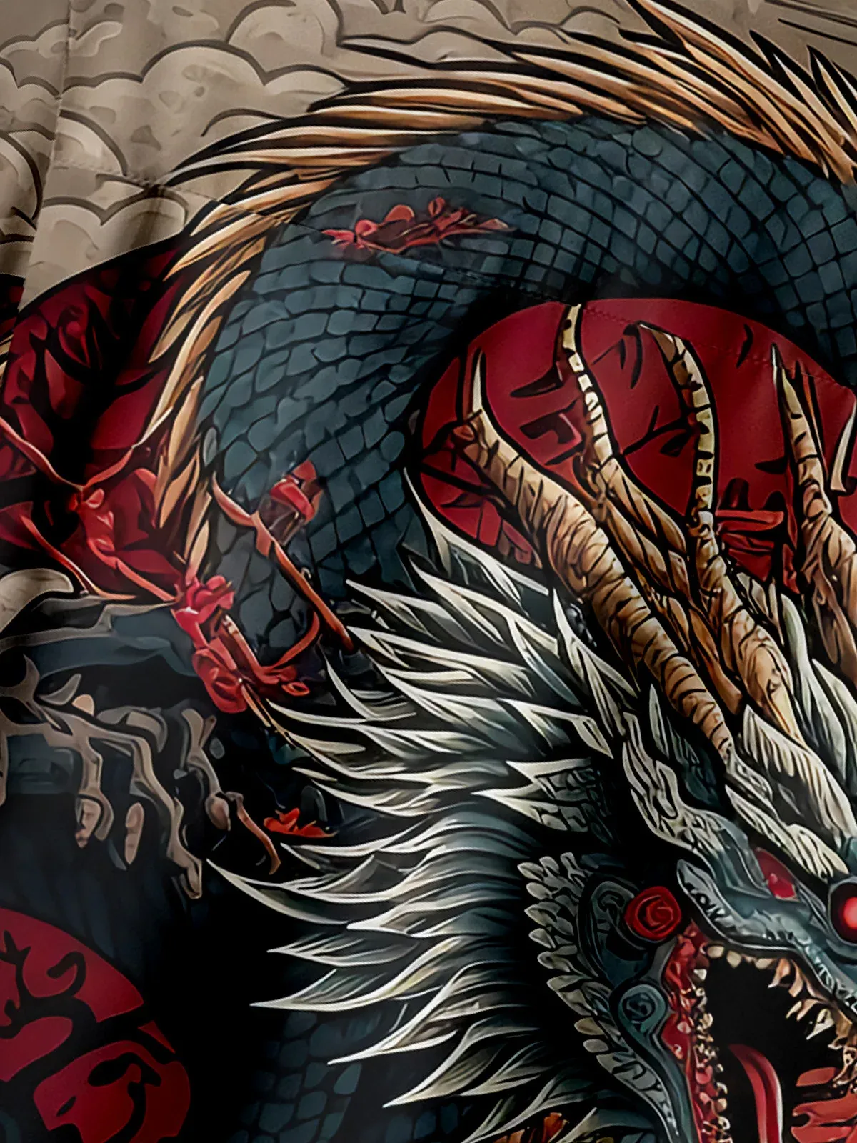 Men's Casual Japanese Ukiyo-e Dragon Illustration Print Lapel Pocket Short Sleeve Shirt