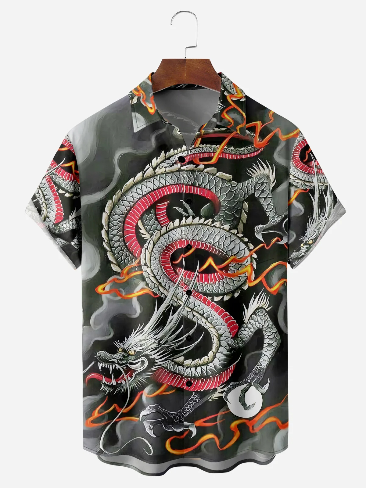 Men's Casual Japanese Black and White Ukiyo-e Dragon Illustration Print Lapel Pocket Short Sleeve Shirt