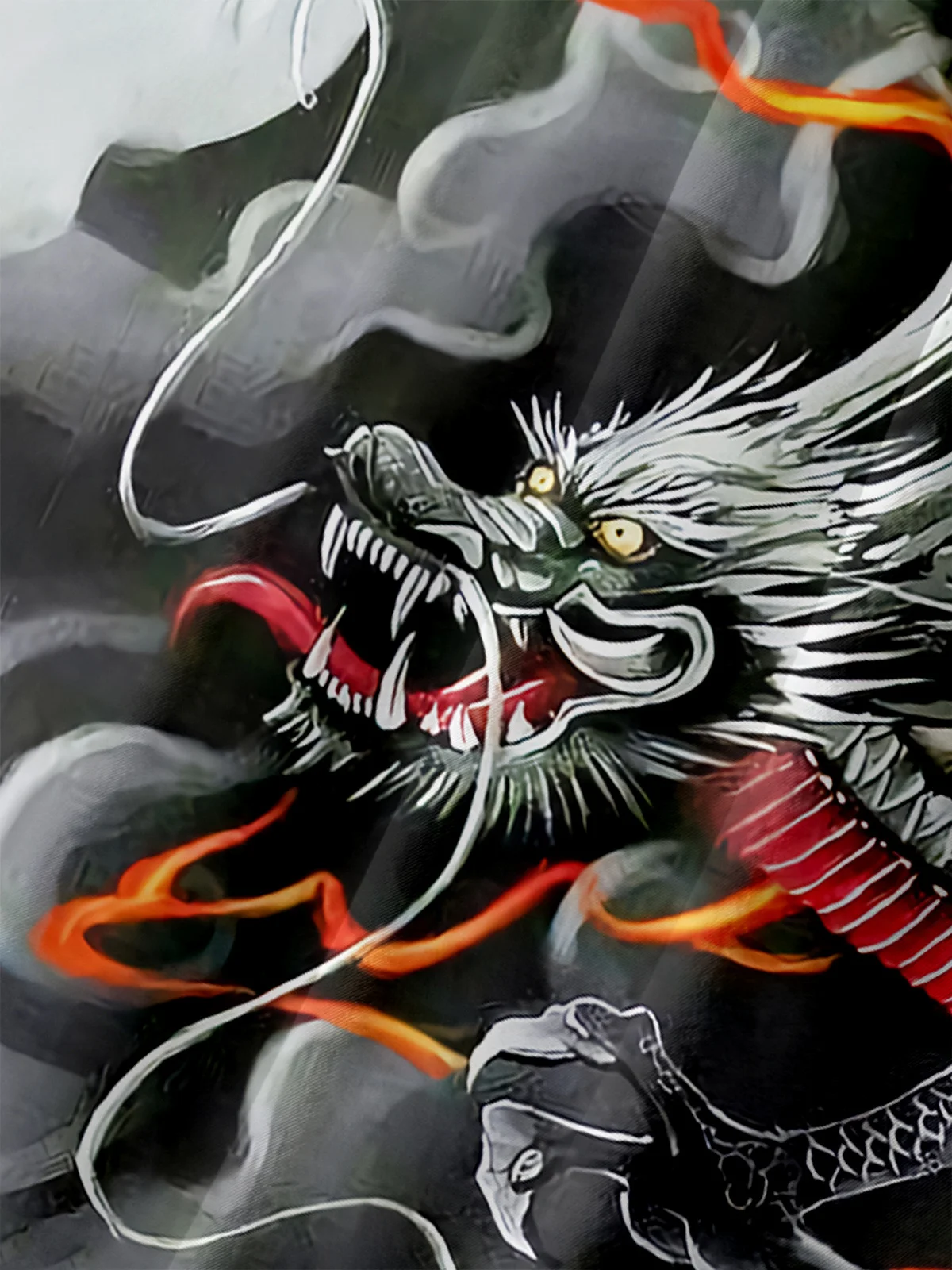 Men's Casual Japanese Black and White Ukiyo-e Dragon Illustration Print Lapel Pocket Short Sleeve Shirt