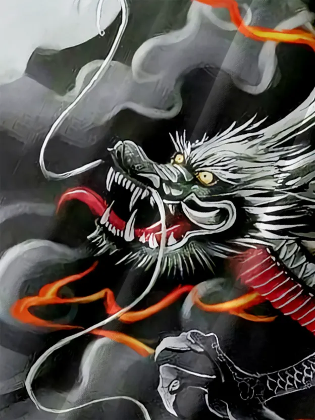 Men's Casual Japanese Black and White Ukiyo-e Dragon Illustration Print Lapel Pocket Short Sleeve Shirt