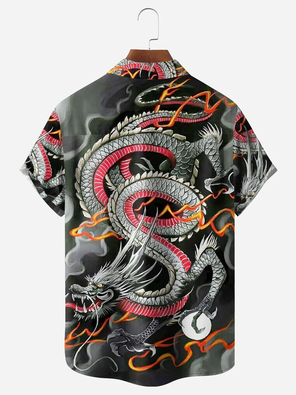 Men's Casual Japanese Black and White Ukiyo-e Dragon Illustration Print Lapel Pocket Short Sleeve Shirt