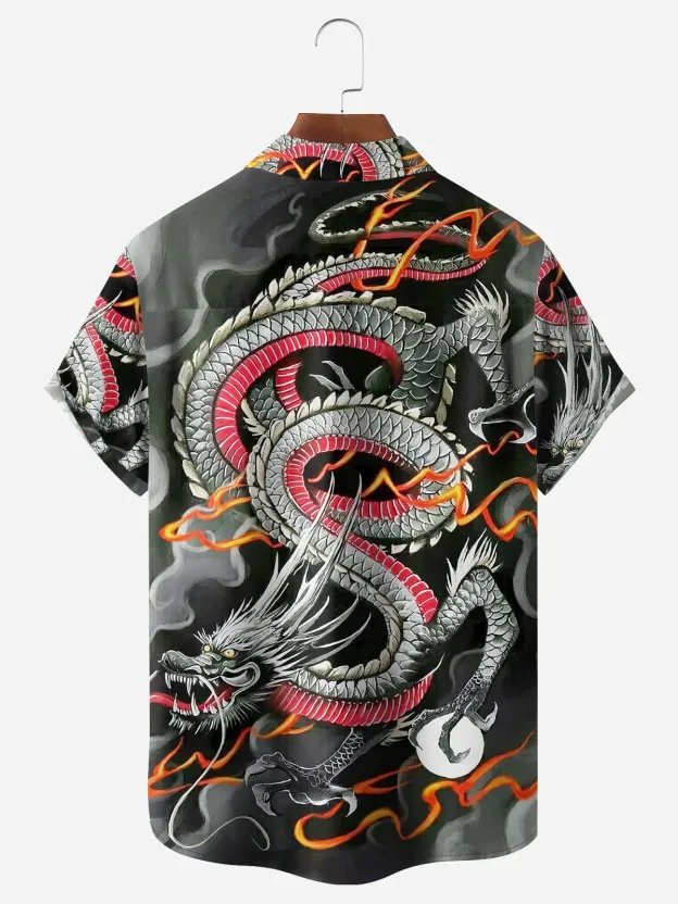Men's Casual Japanese Black and White Ukiyo-e Dragon Illustration Print Lapel Pocket Short Sleeve Shirt
