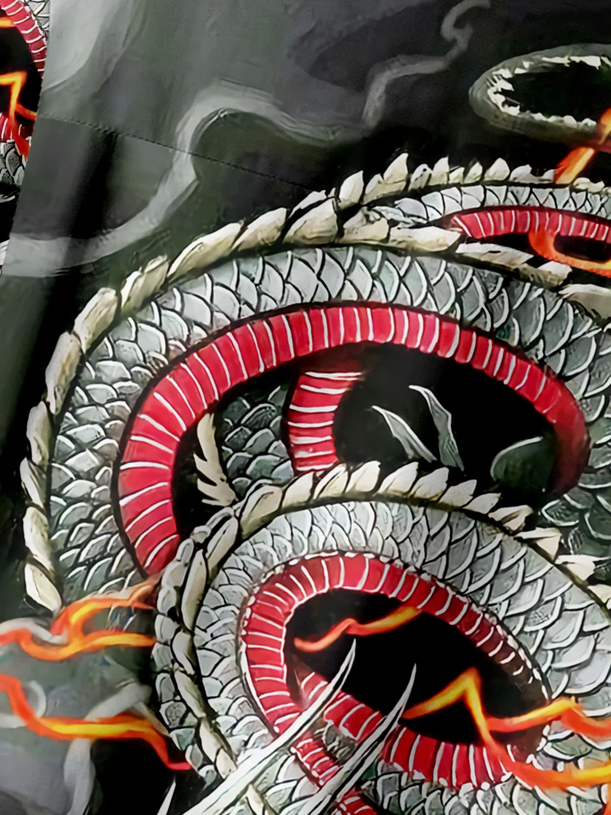 Men's Casual Japanese Black and White Ukiyo-e Dragon Illustration Print Lapel Pocket Short Sleeve Shirt