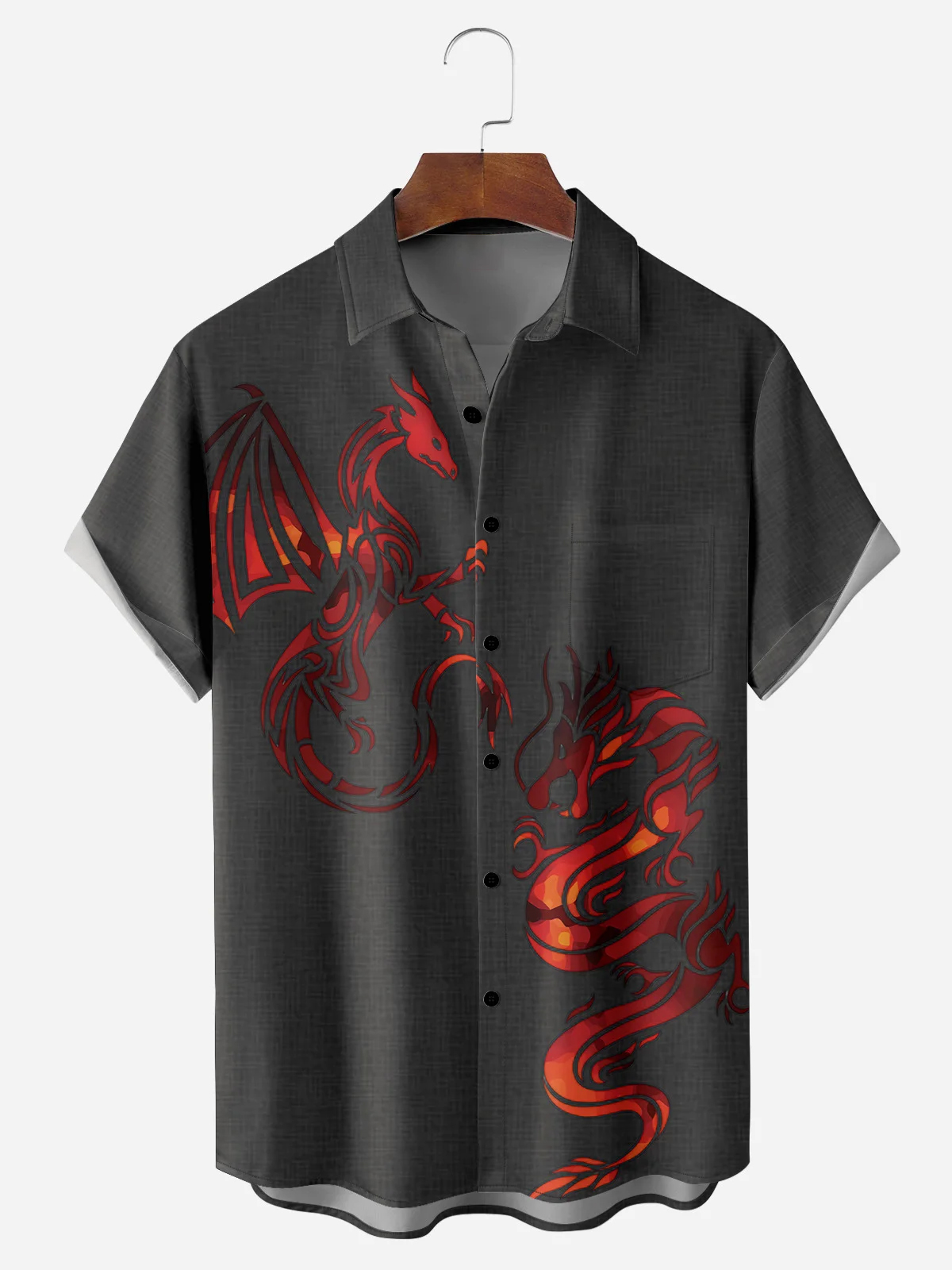Men's Casual Dragon Illustration Print Lapel Pocket Short Sleeve Shirt