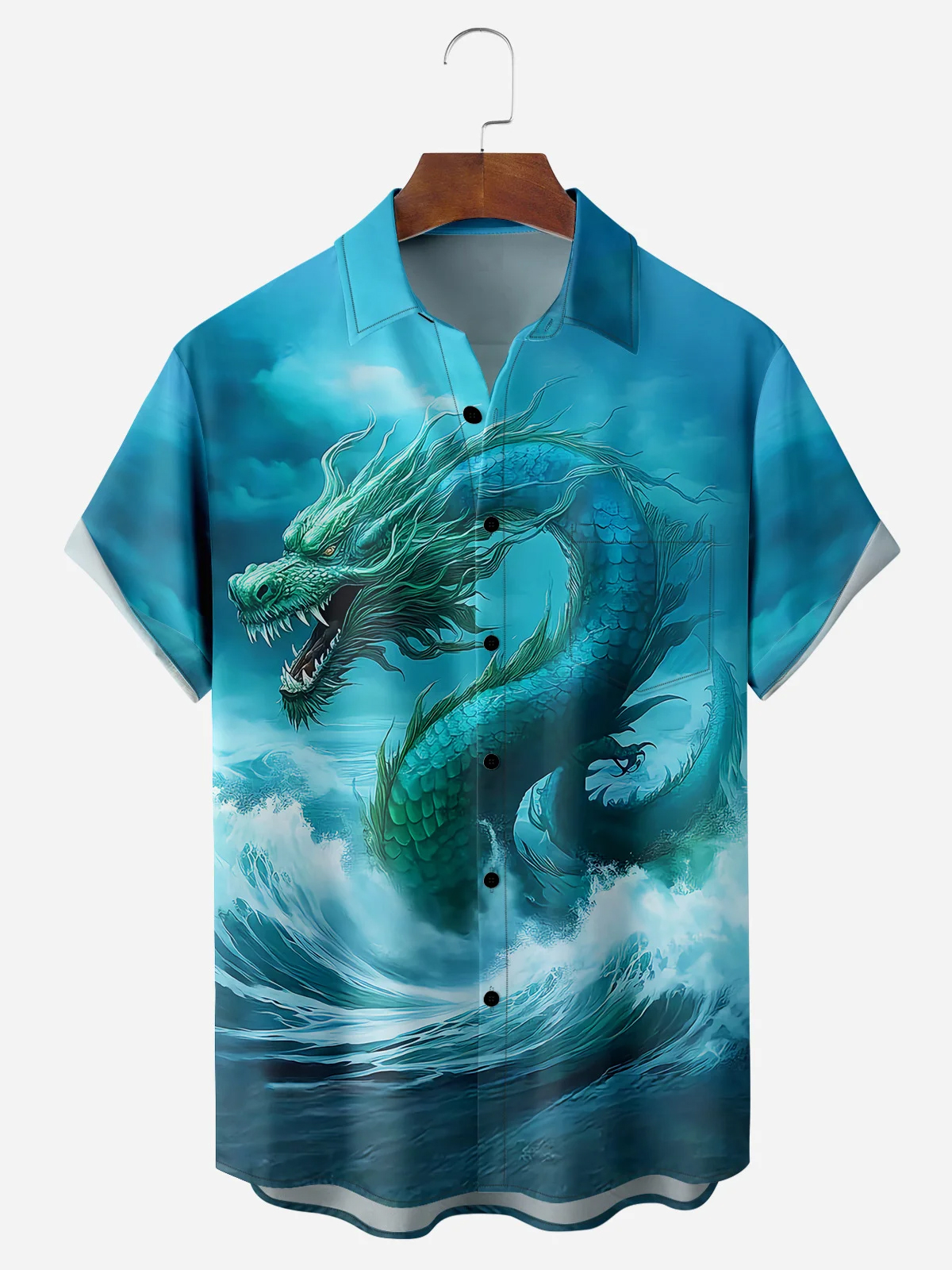 Men's Casual Ocean Dragon Illustration Print Lapel Pocket Short Sleeve Shirt