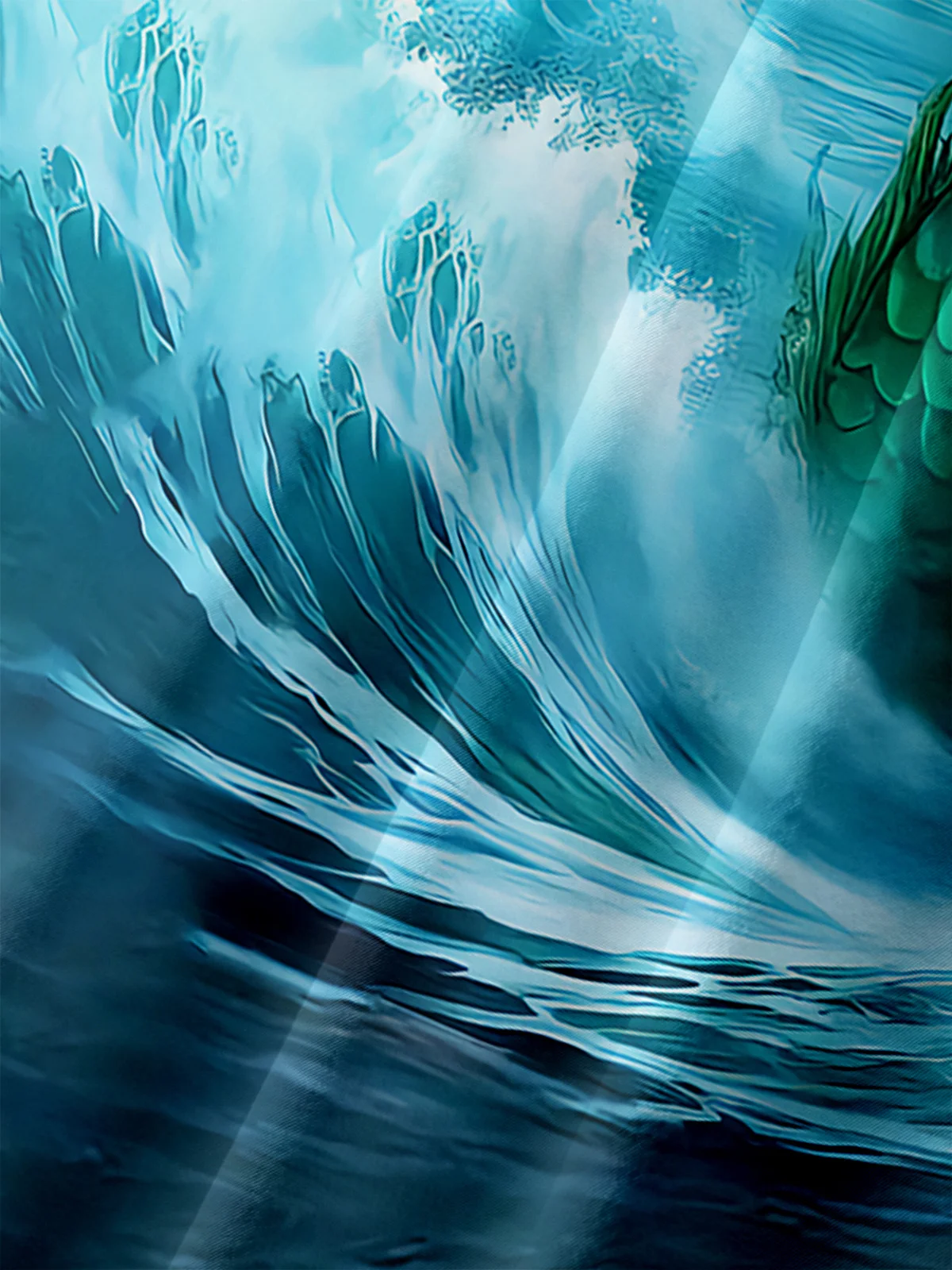 Men's Casual Ocean Dragon Illustration Print Lapel Pocket Short Sleeve Shirt