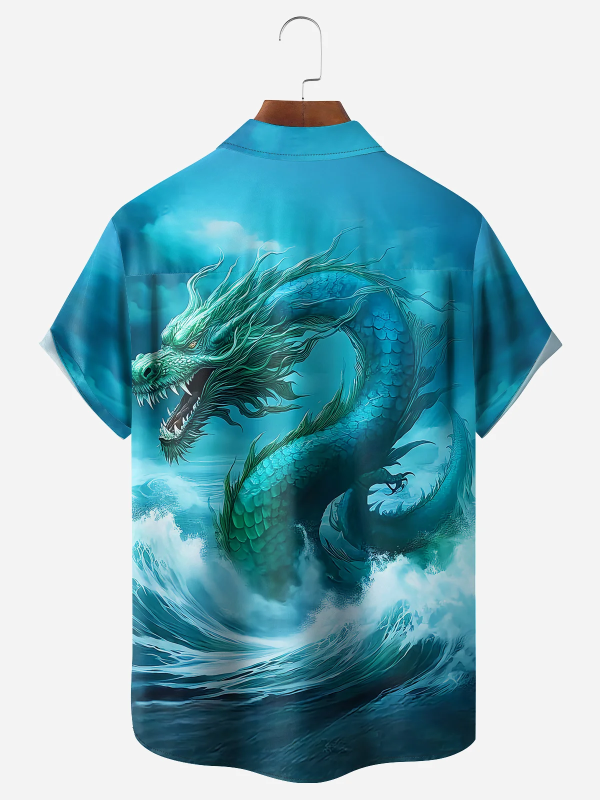 Men's Casual Ocean Dragon Illustration Print Lapel Pocket Short Sleeve Shirt