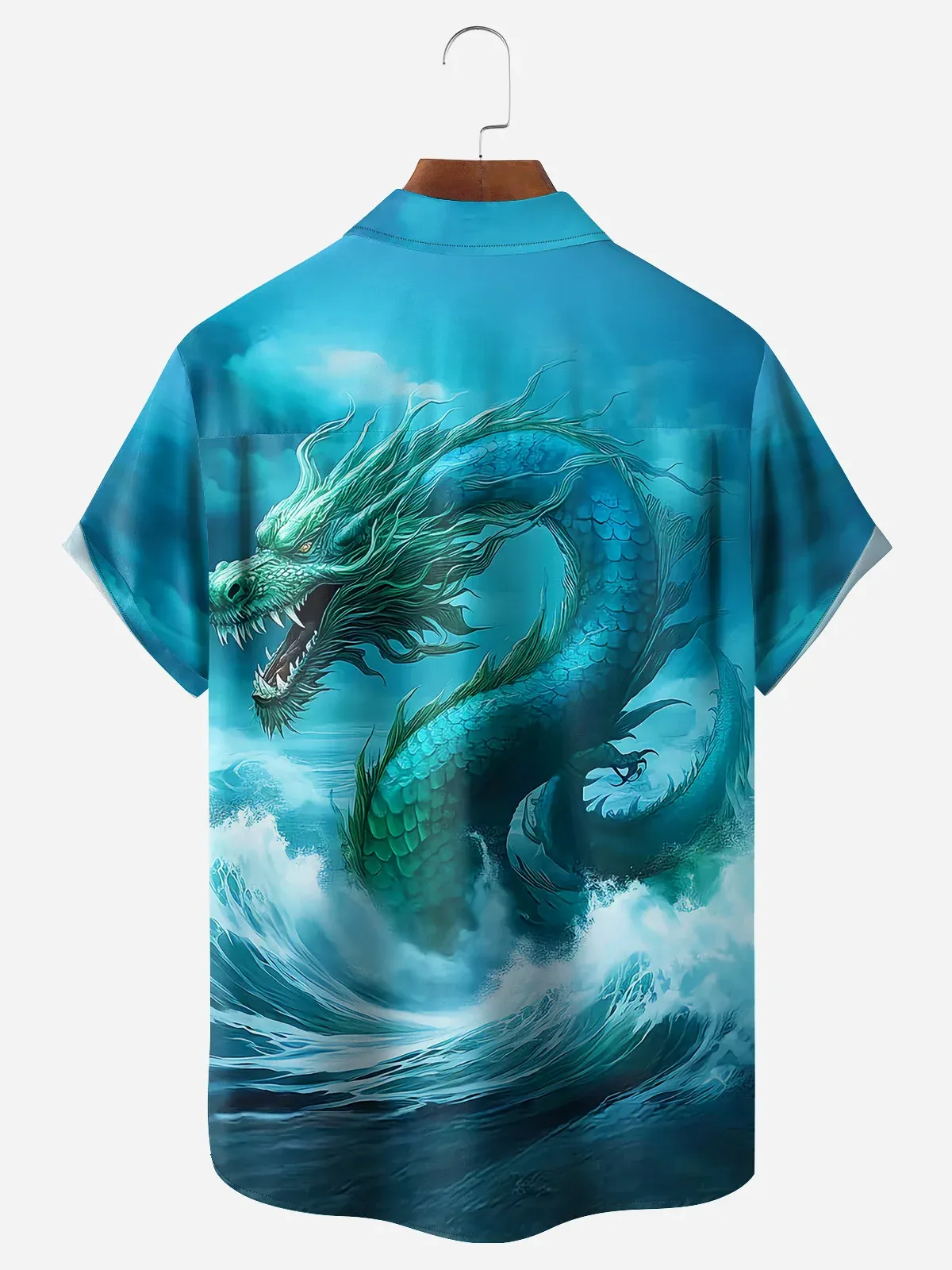 Men's Casual Ocean Dragon Illustration Print Lapel Pocket Short Sleeve Shirt