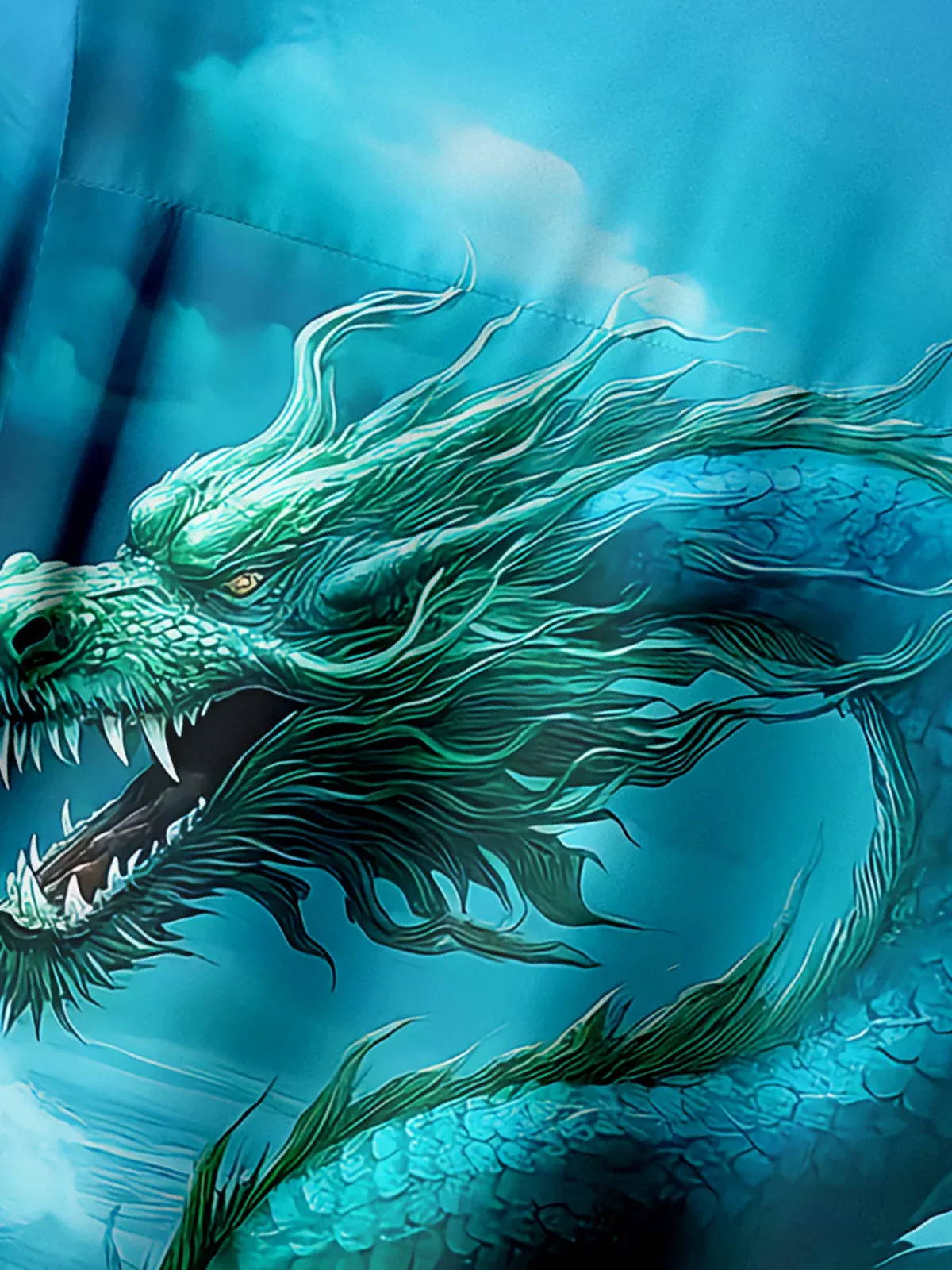 Men's Casual Ocean Dragon Illustration Print Lapel Pocket Short Sleeve Shirt