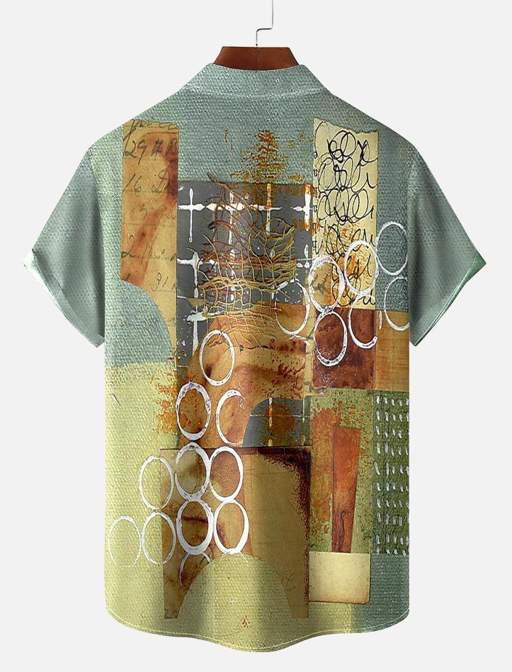 Men's Vintage Mixed Art Patchwork Print Short Sleeve Shirt