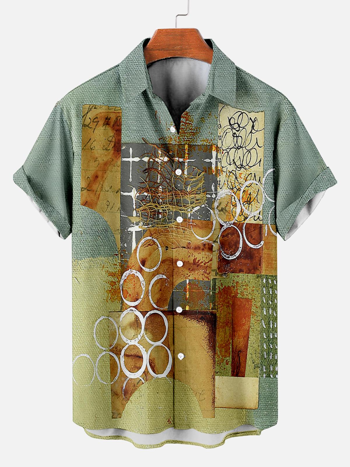 Men's Vintage Mixed Art Patchwork Print Short Sleeve Shirt