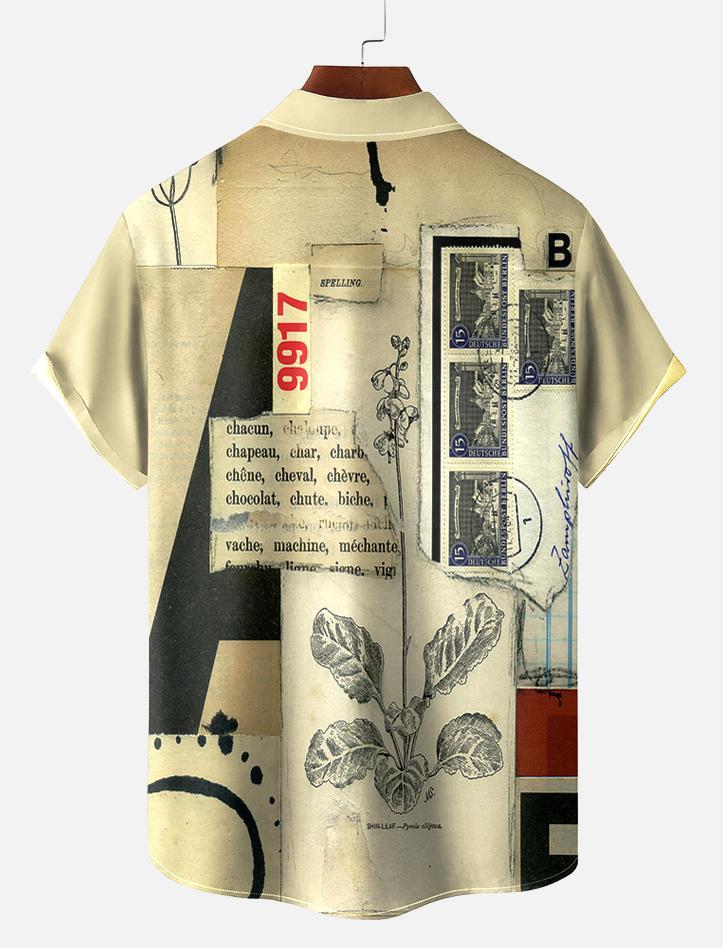 Men's Vintage Mixed Art Patchwork Print Short Sleeve Shirt