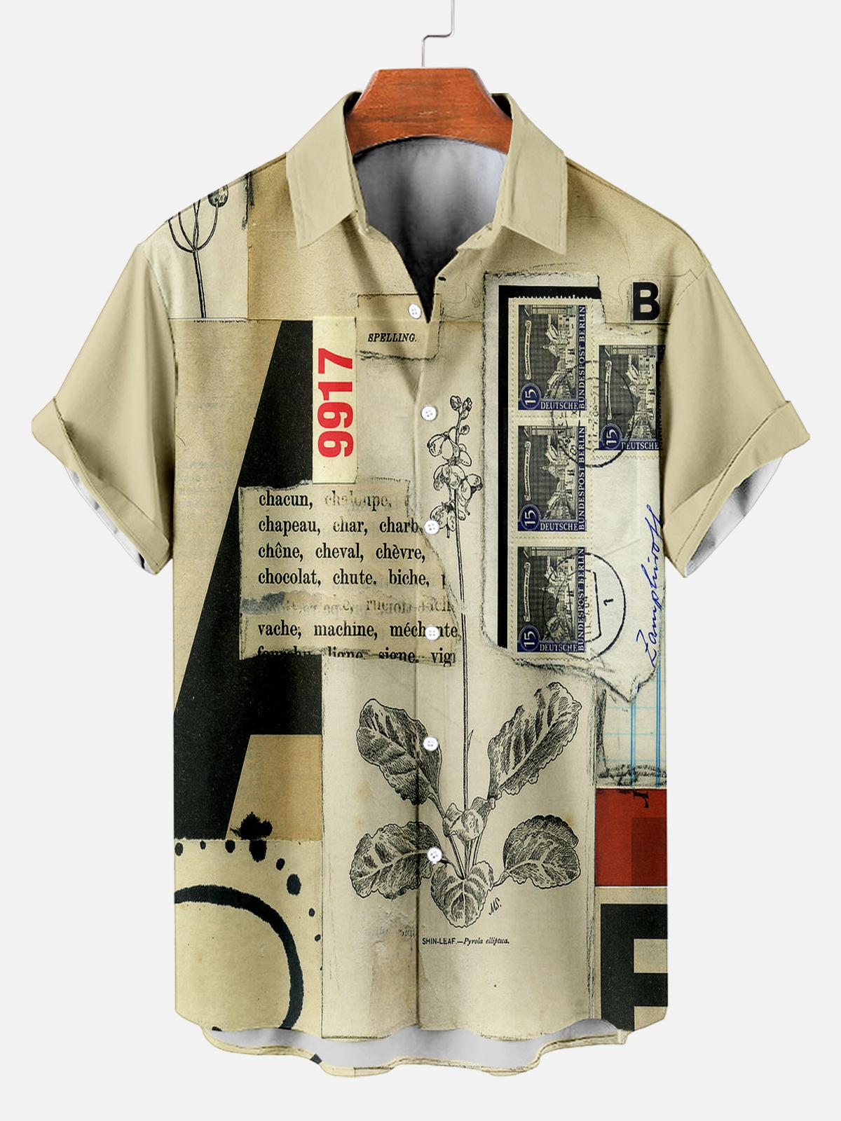 Men's Vintage Mixed Art Patchwork Print Short Sleeve Shirt