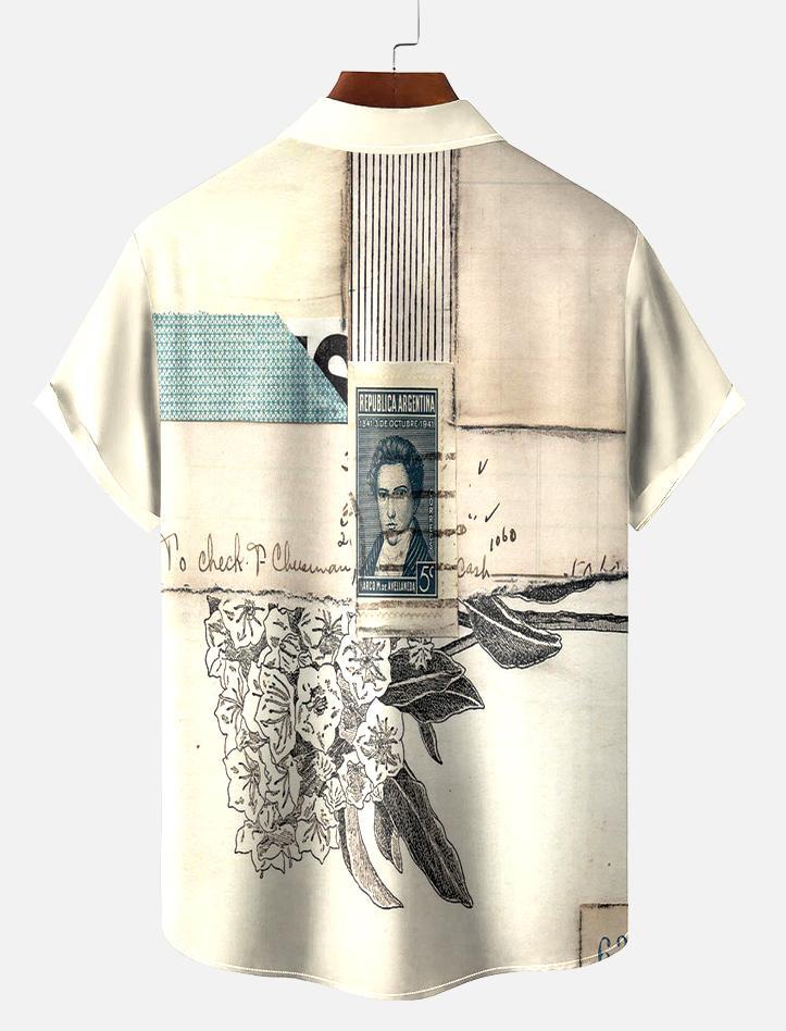 Men's Vintage Mixed Art Patchwork Print Short Sleeve Shirt