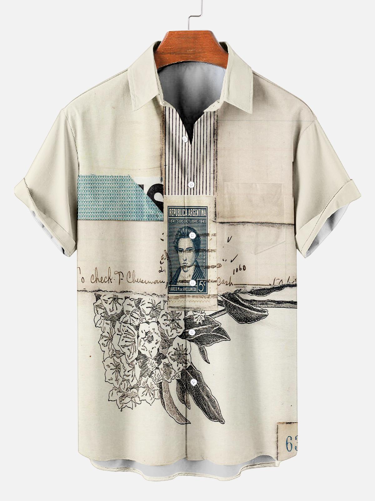 Men's Vintage Mixed Art Patchwork Print Short Sleeve Shirt