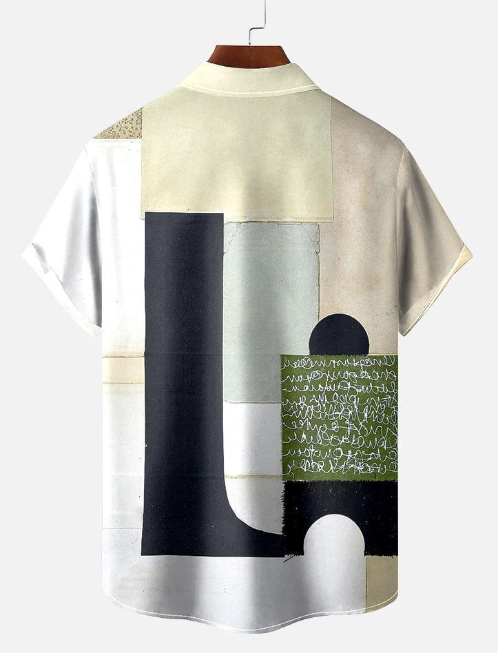 Men's Vintage Mixed Art Patchwork Print Short Sleeve Shirt