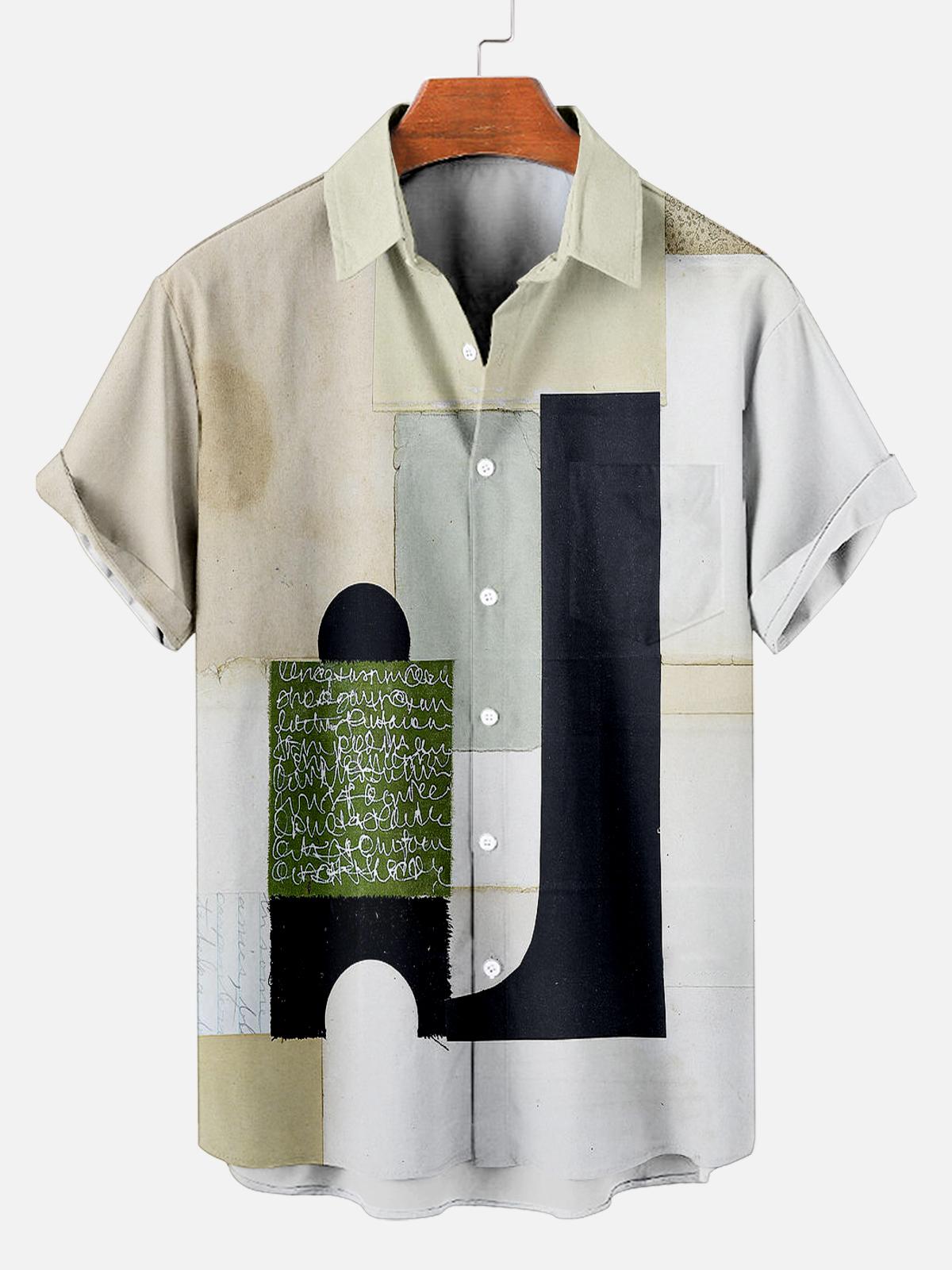 Men's Vintage Mixed Art Patchwork Print Short Sleeve Shirt