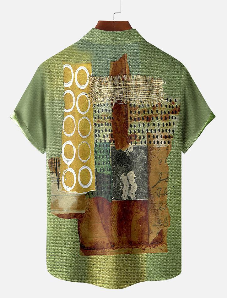 Men's Vintage Mixed Art Patchwork Print Short Sleeve Shirt