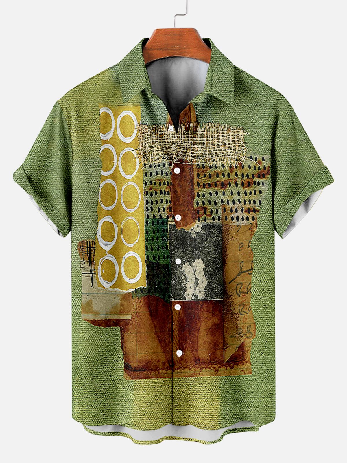 Men's Vintage Mixed Art Patchwork Print Short Sleeve Shirt