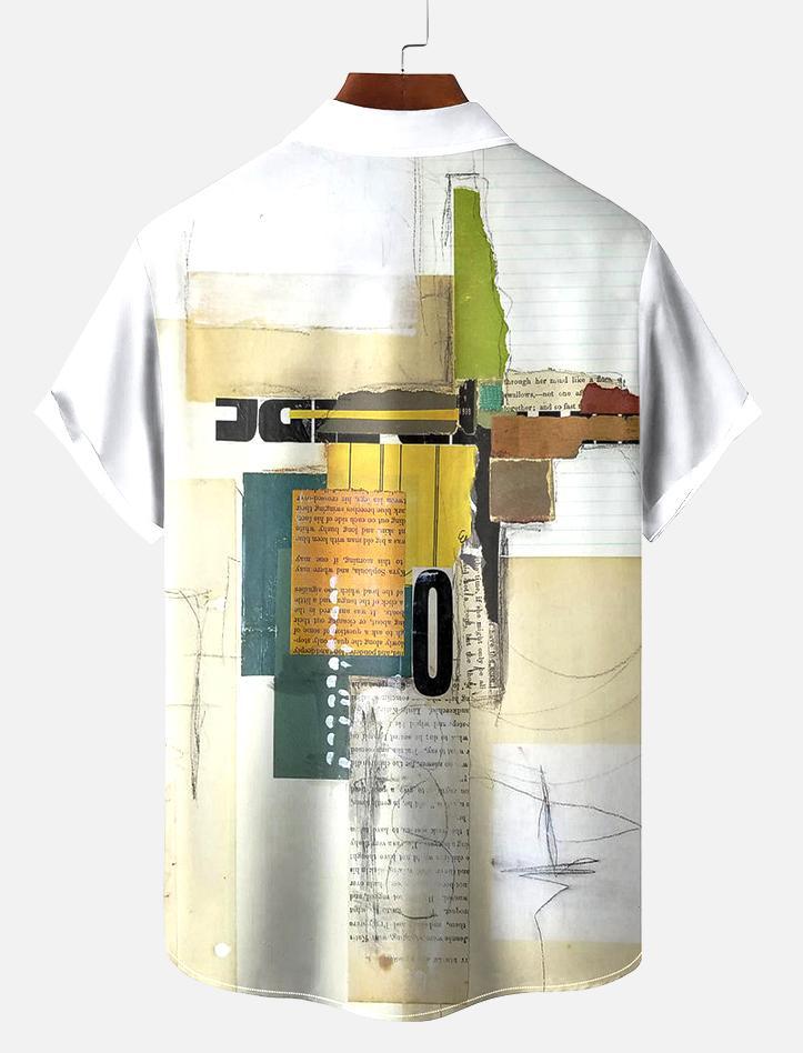 Men's Vintage Mixed Art Patchwork Print Short Sleeve Shirt
