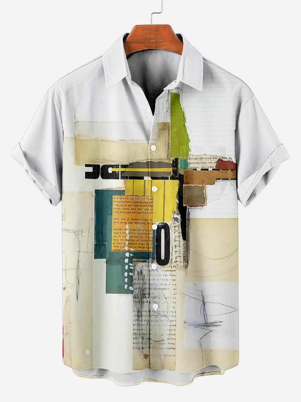 Men's Vintage Mixed Art Patchwork Print Short Sleeve Shirt