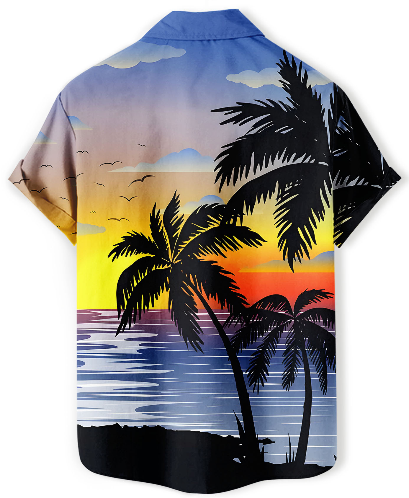 Men's Hawaiian Beach Sunset Print Button Down Shirt, Short Sleeve, Tropical Palm Trees Design
