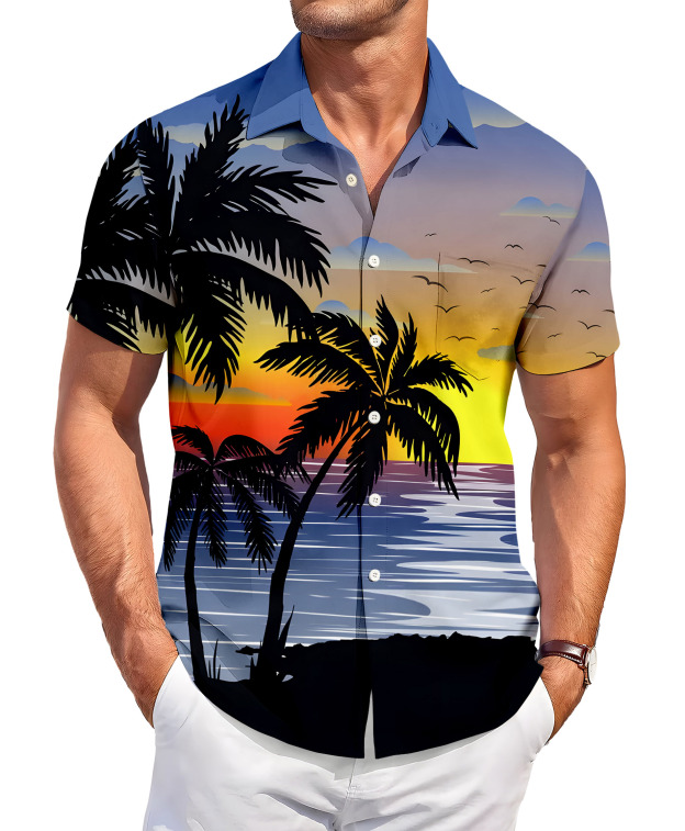 Men's Hawaiian Beach Sunset Print Button Down Shirt, Short Sleeve, Tropical Palm Trees Design
