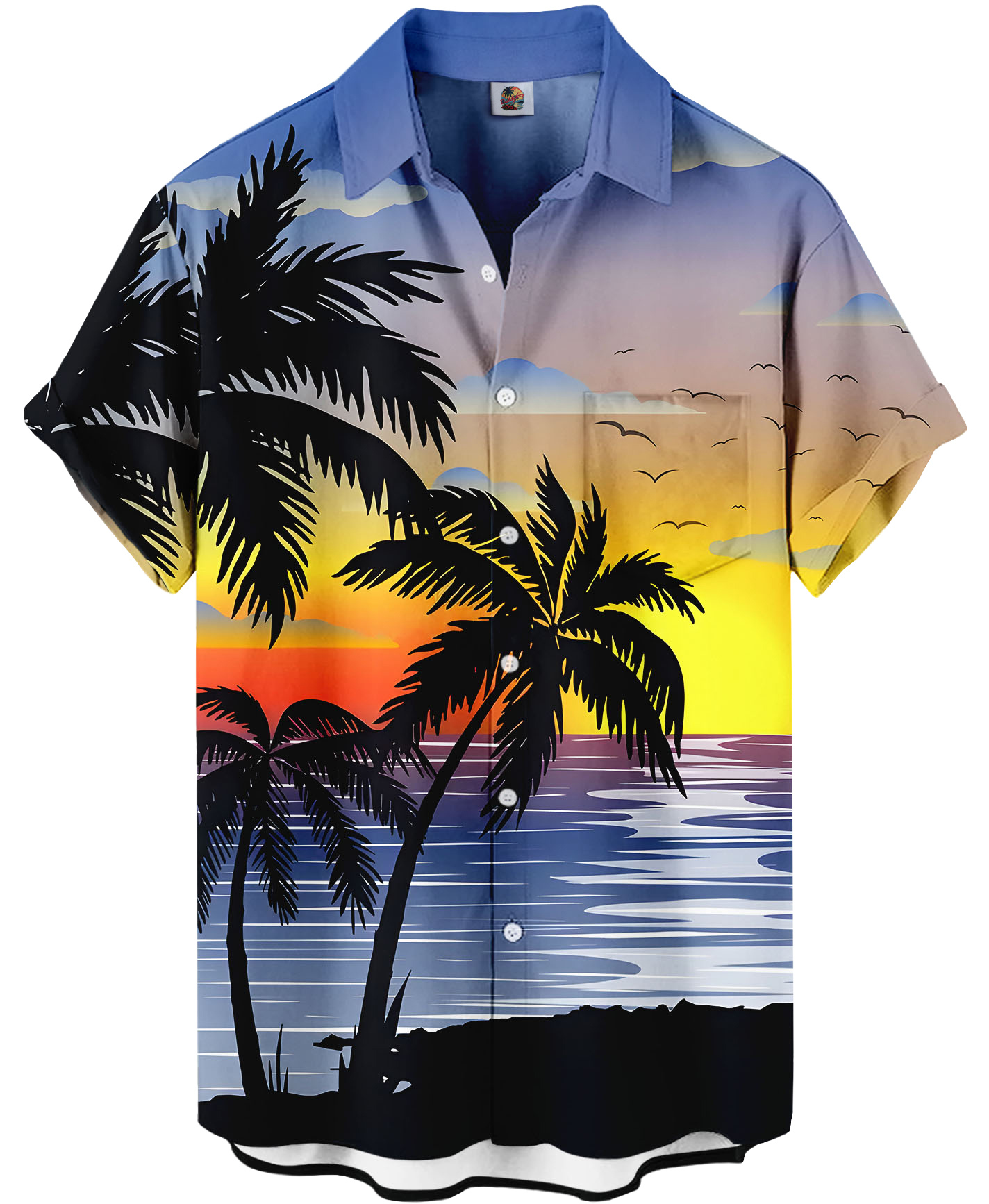 Men's Hawaiian Beach Sunset Print Button Down Shirt, Short Sleeve, Tropical Palm Trees Design