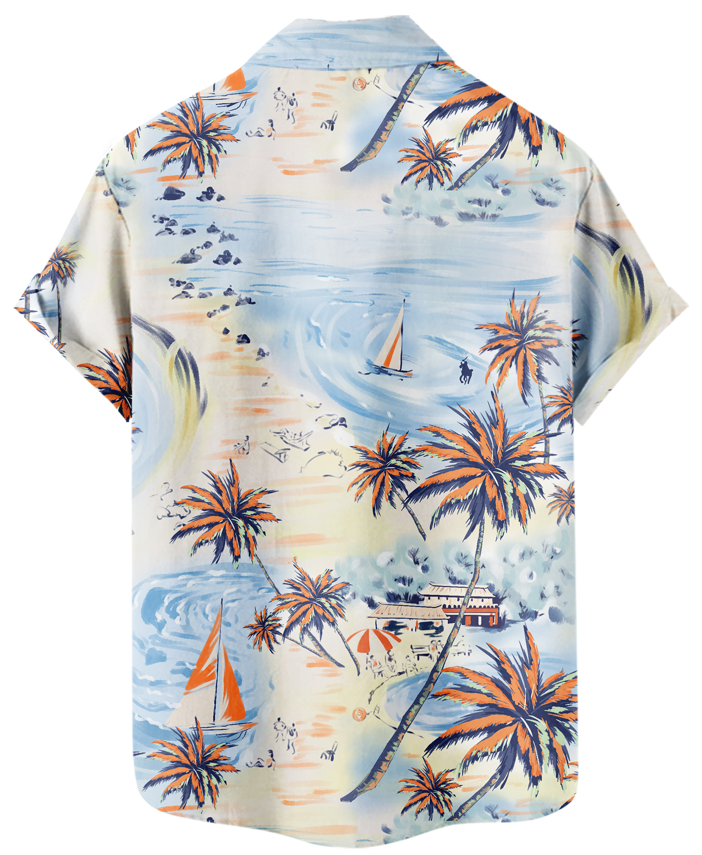 Men's Hawaiian Beach Print Short Sleeve Button Down Shirt, Palm Trees and Sailboats Pattern, Light Blue