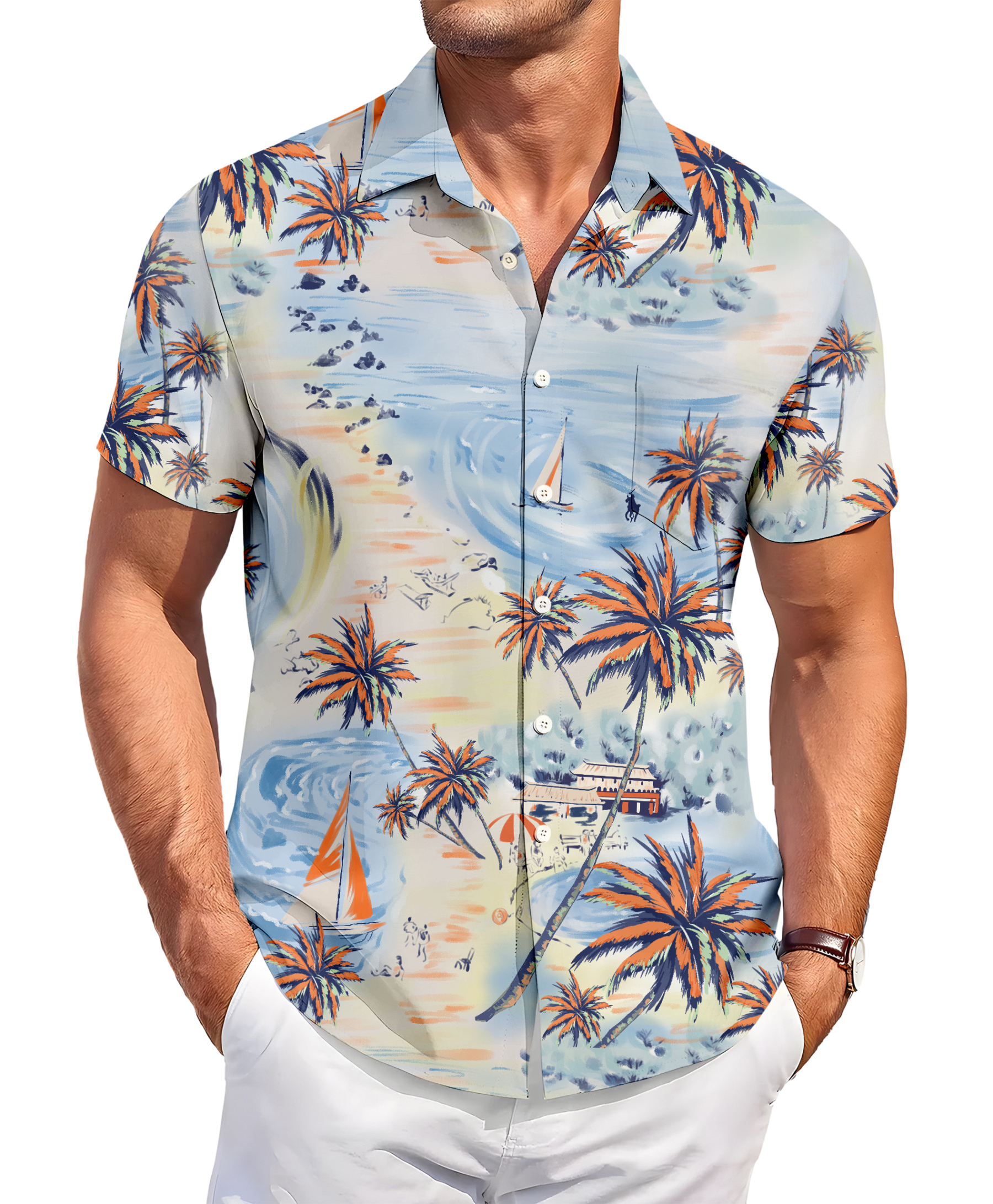 Men's Hawaiian Beach Print Short Sleeve Button Down Shirt, Palm Trees and Sailboats Pattern, Light Blue