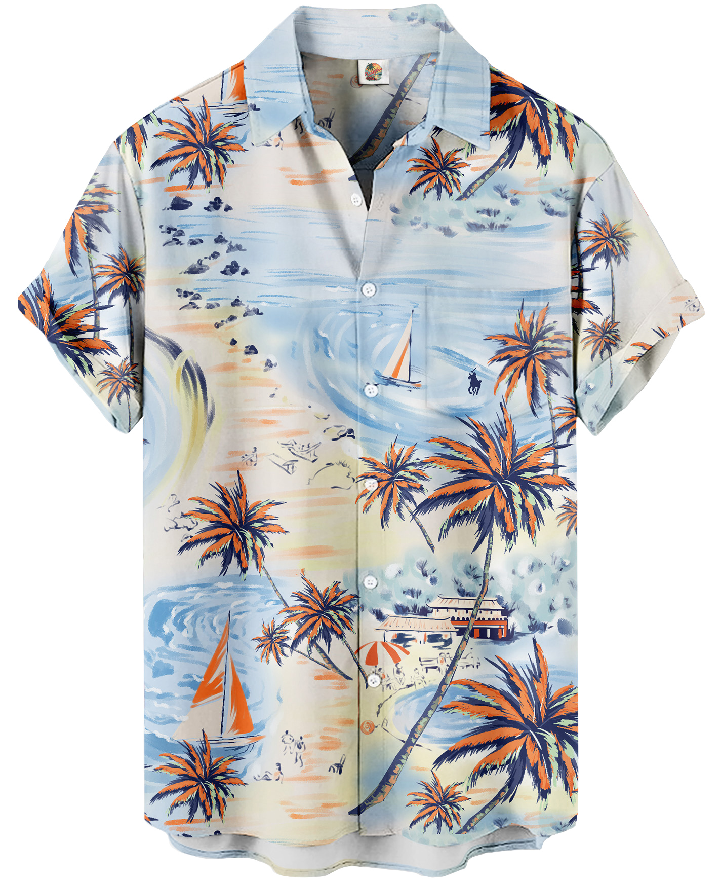 Men's Hawaiian Beach Print Short Sleeve Button Down Shirt, Palm Trees and Sailboats Pattern, Light Blue