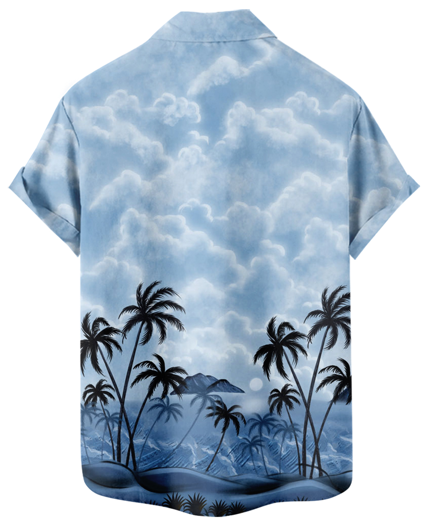 Men's Hawaiian Tropical Beach Print Button Down Shirt, Short Sleeve, Light Blue Palm Tree Design