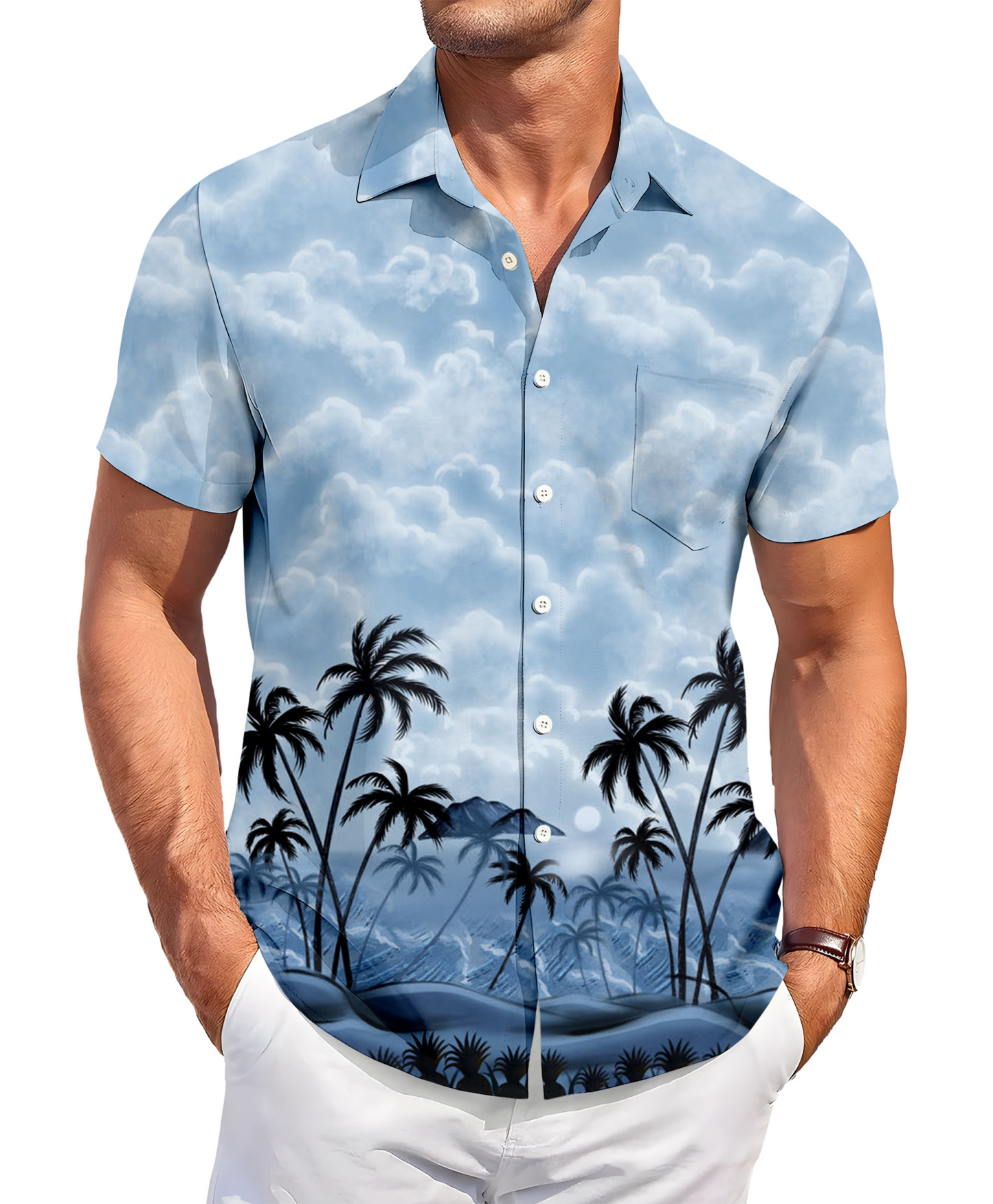 Men's Hawaiian Tropical Beach Print Button Down Shirt, Short Sleeve, Light Blue Palm Tree Design