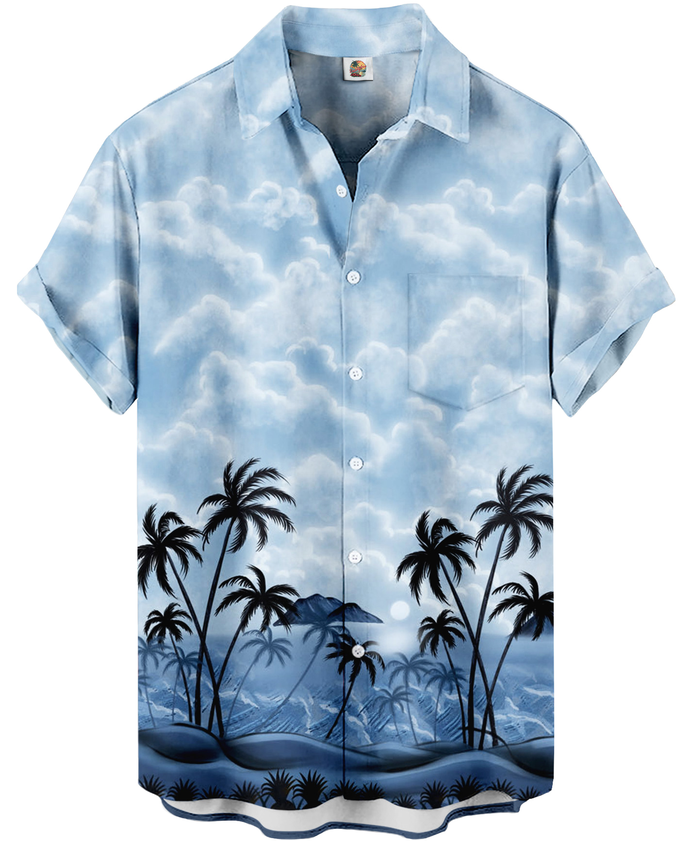 Men's Hawaiian Tropical Beach Print Button Down Shirt, Short Sleeve, Light Blue Palm Tree Design