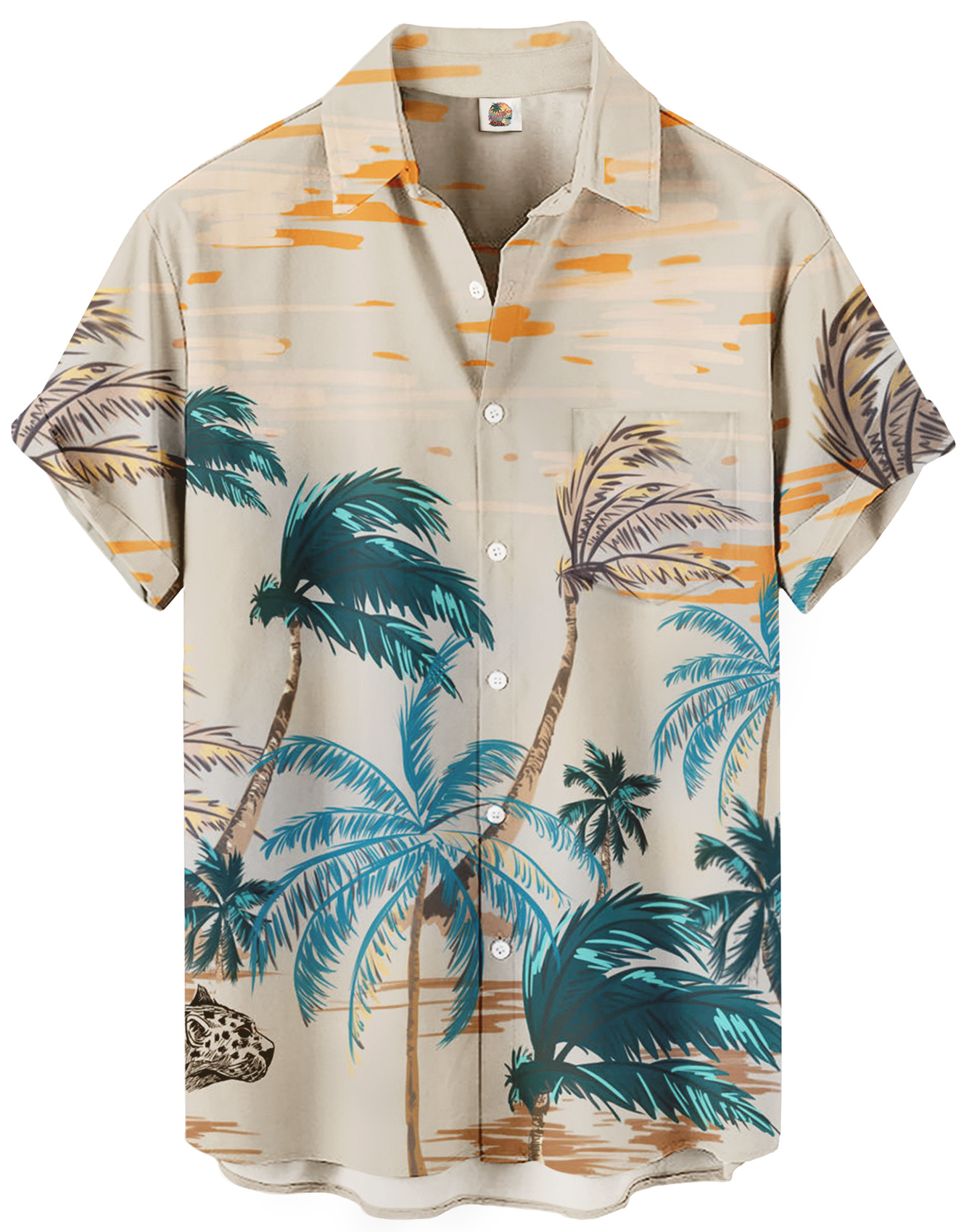 Men's Hawaiian Shirt, Short Sleeve Button Down, Palm Tree Print, Beige