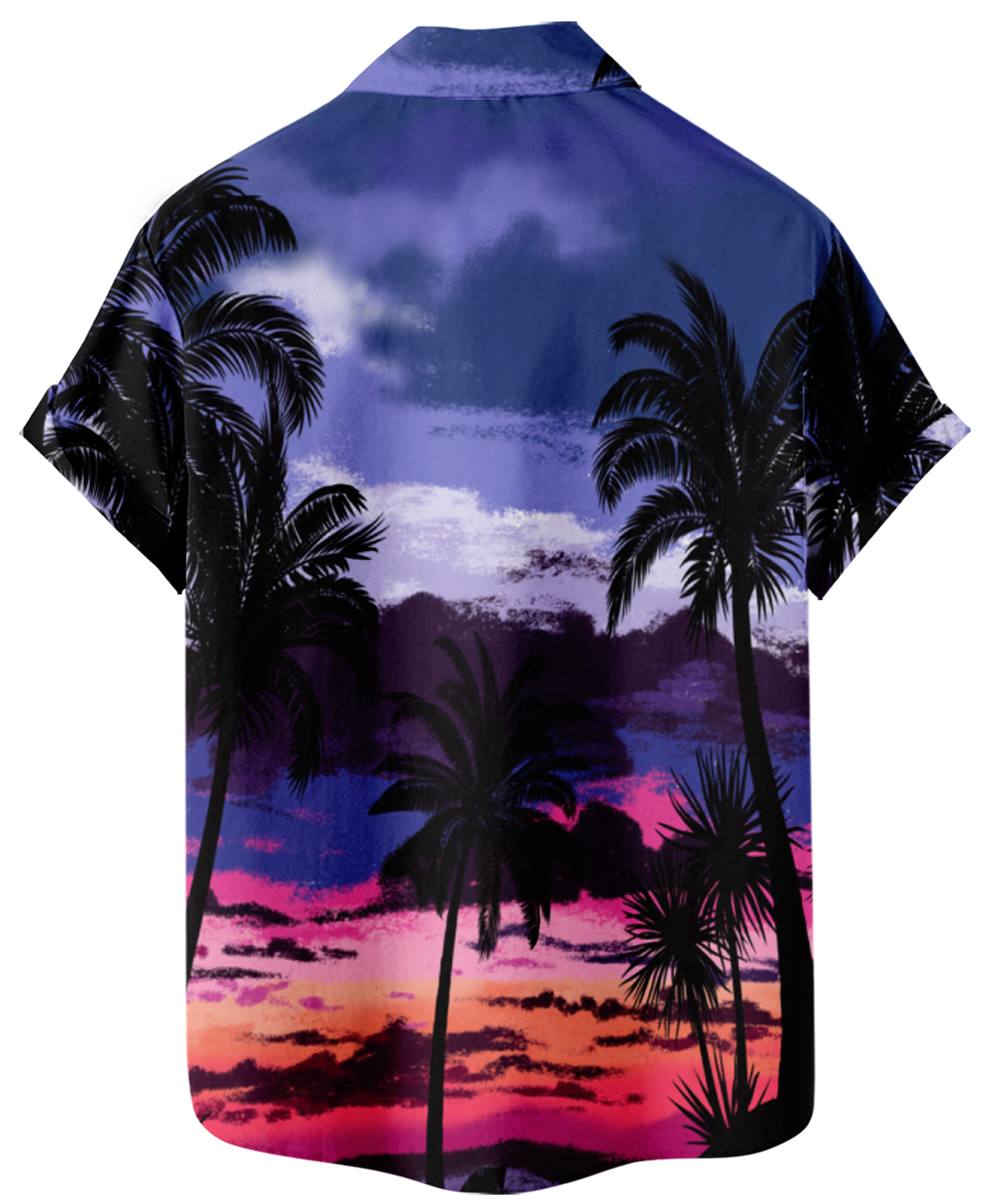 Men's Hawaiian Beach Shirt, Palm Tree Sunset Print, Short Sleeve Button Down, Blue and Purple