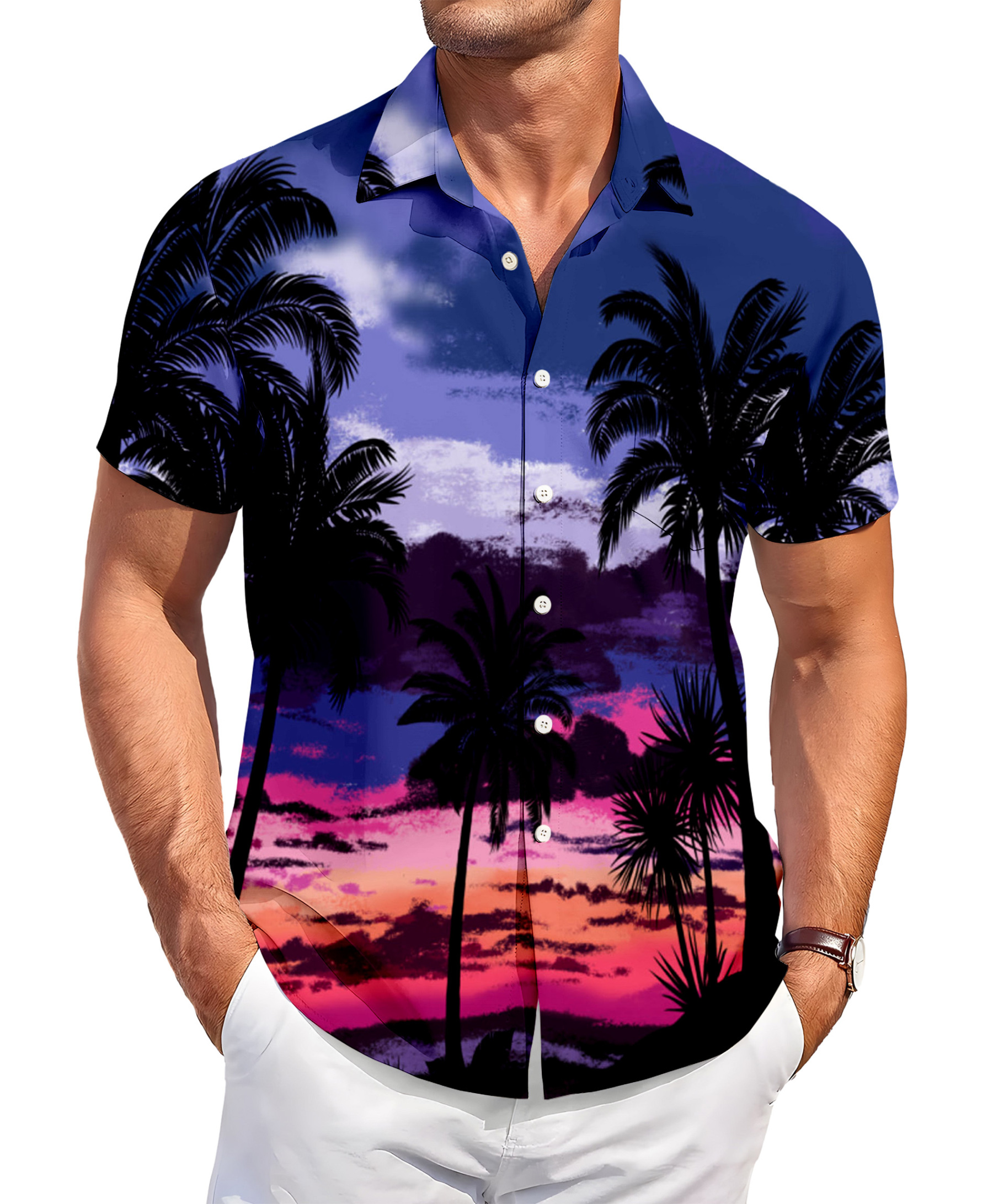 Men's Hawaiian Beach Shirt, Palm Tree Sunset Print, Short Sleeve Button Down, Blue and Purple