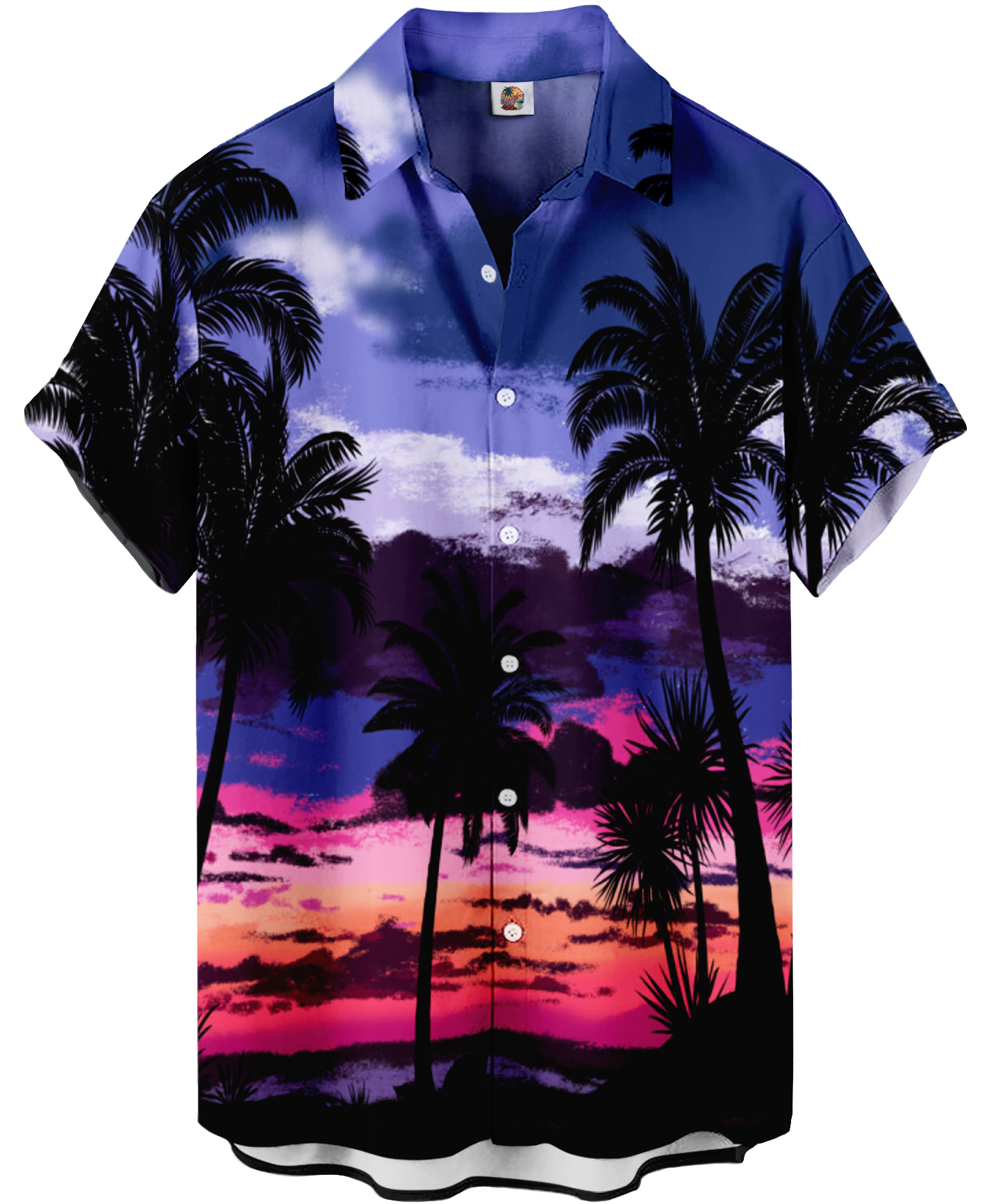 Men's Hawaiian Beach Shirt, Palm Tree Sunset Print, Short Sleeve Button Down, Blue and Purple