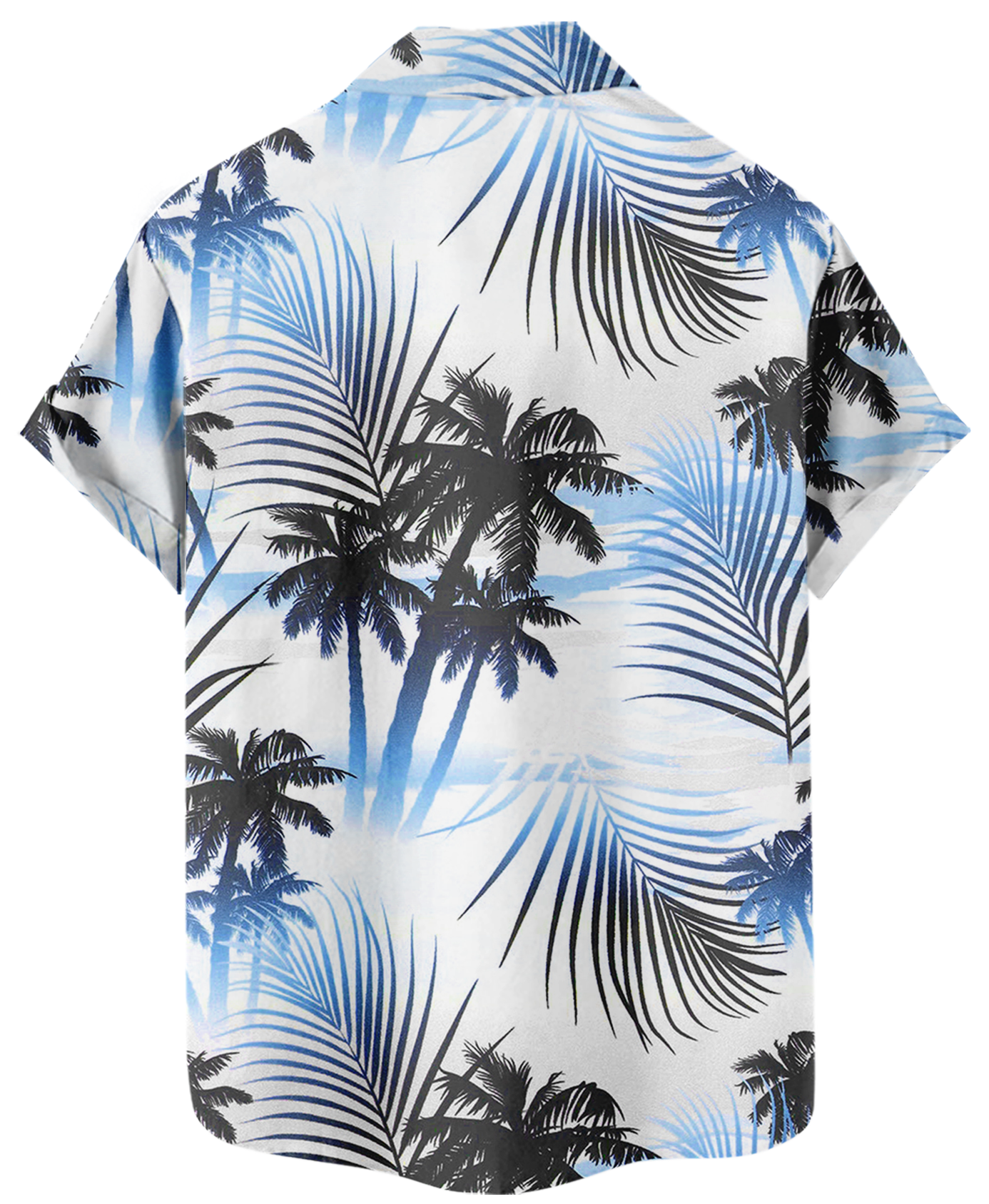 Men's Hawaiian Shirt, Short Sleeve Button Down, Palm Tree Print, Blue and White