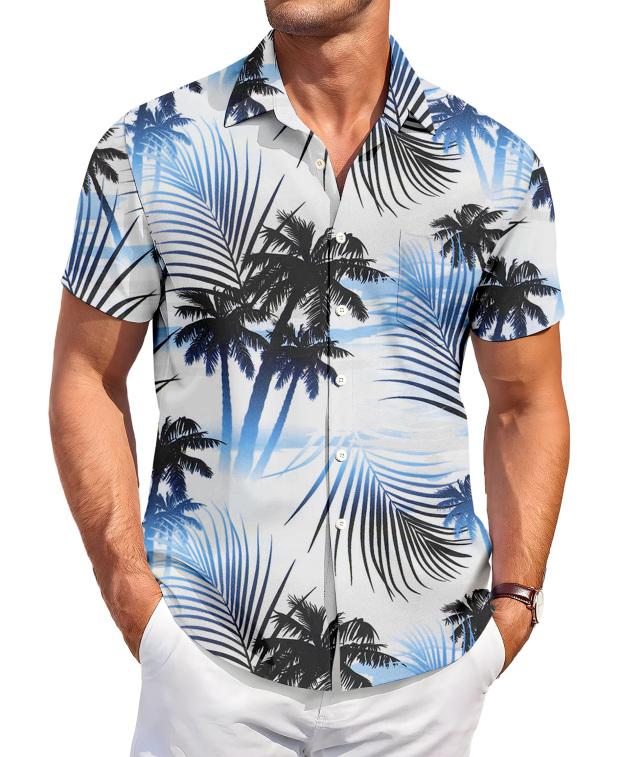 Men's Hawaiian Shirt, Short Sleeve Button Down, Palm Tree Print, Blue and White