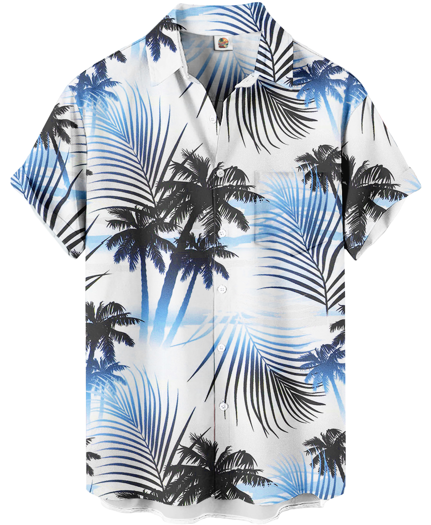 Men's Hawaiian Shirt, Short Sleeve Button Down, Palm Tree Print, Blue and White