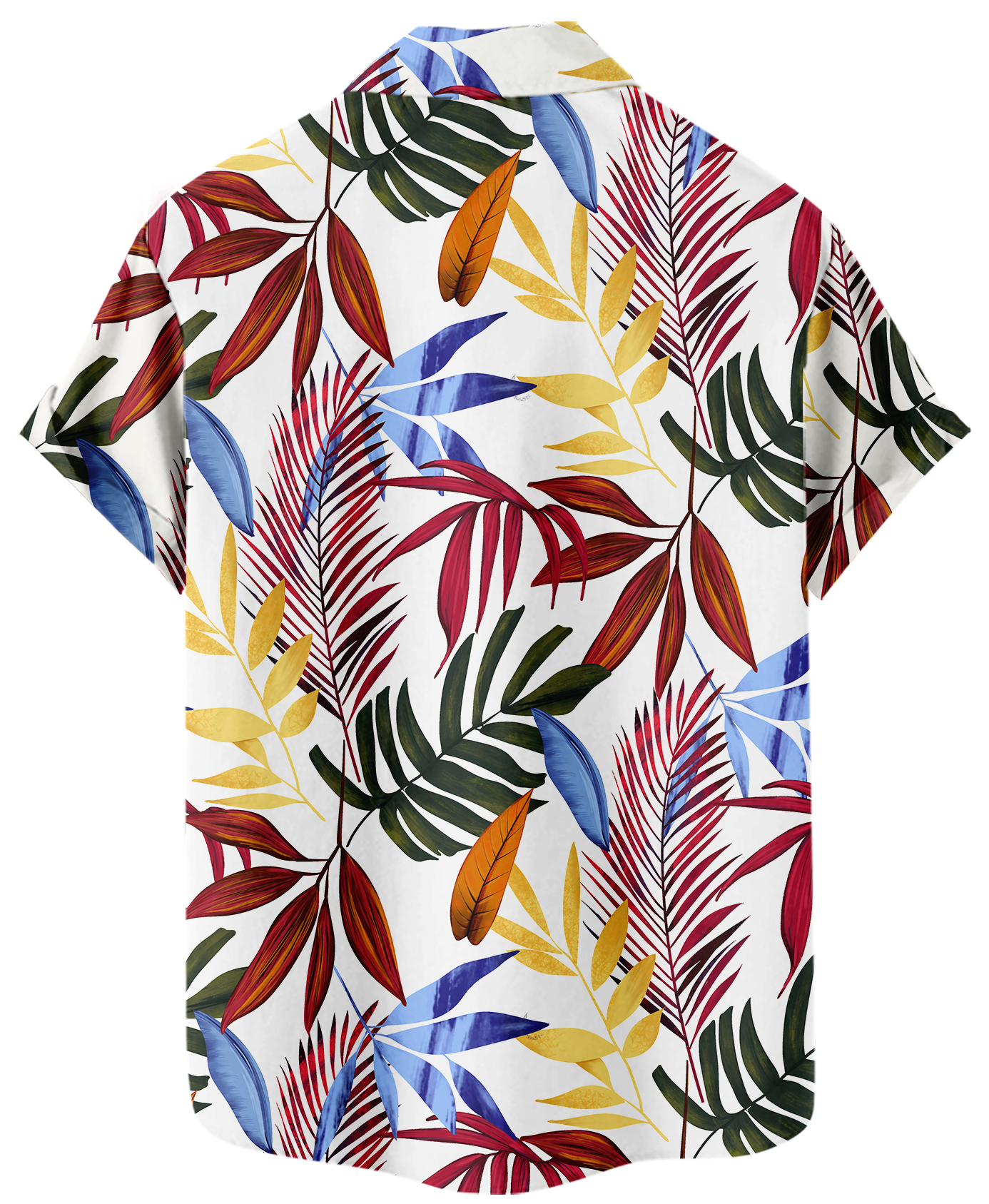 Men's Tropical Print Hawaiian Shirt, Short Sleeve Button Down, White with Colorful Palm Leaves