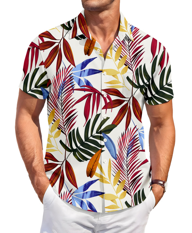 Men's Tropical Print Hawaiian Shirt, Short Sleeve Button Down, White with Colorful Palm Leaves
