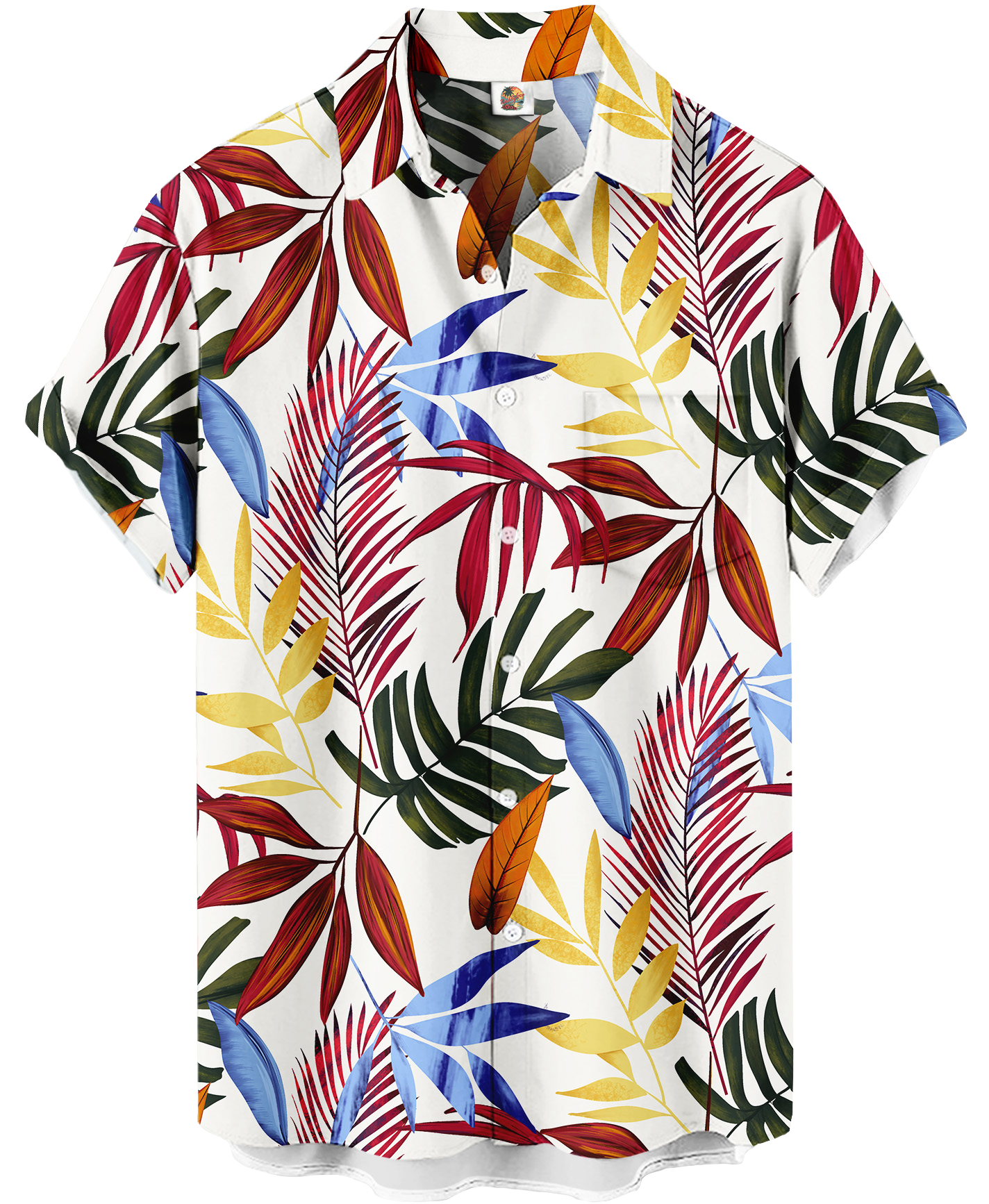 Men's Tropical Print Hawaiian Shirt, Short Sleeve Button Down, White with Colorful Palm Leaves