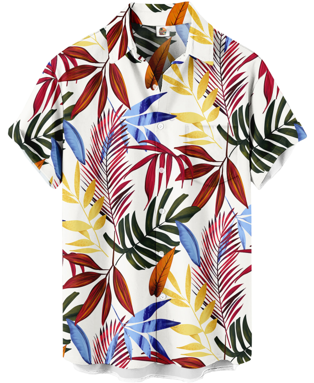 Men's Tropical Print Hawaiian Shirt, Short Sleeve Button Down, White with Colorful Palm Leaves