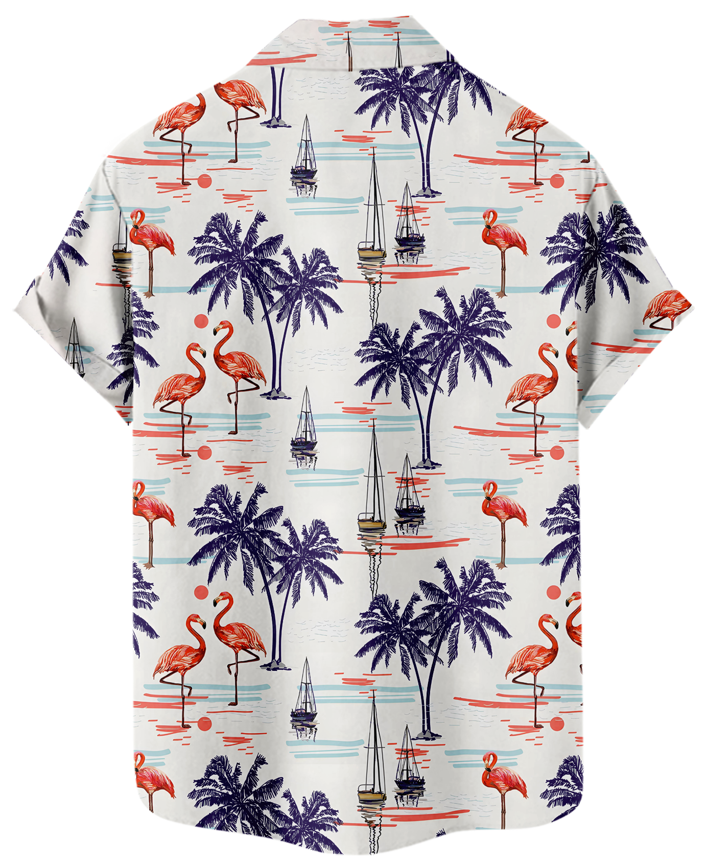 Men's Hawaiian Shirt, Tropical Flamingo Palm Tree Print, Short Sleeve Button Down, White