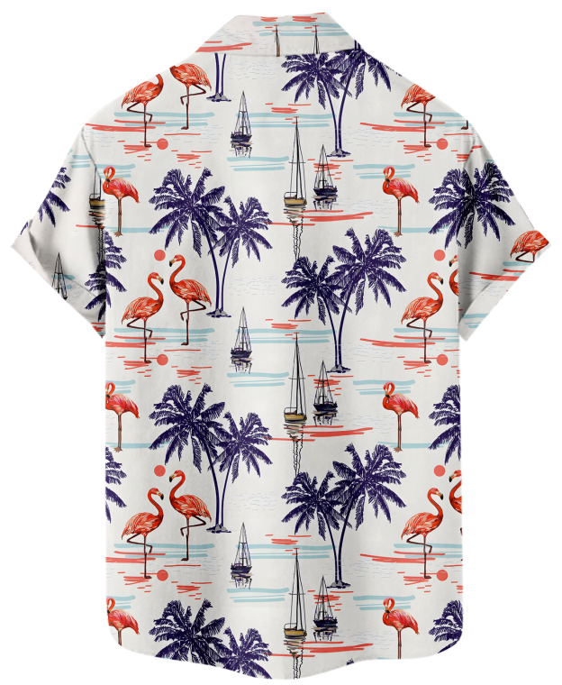 Men's Hawaiian Shirt, Tropical Flamingo Palm Tree Print, Short Sleeve Button Down, White
